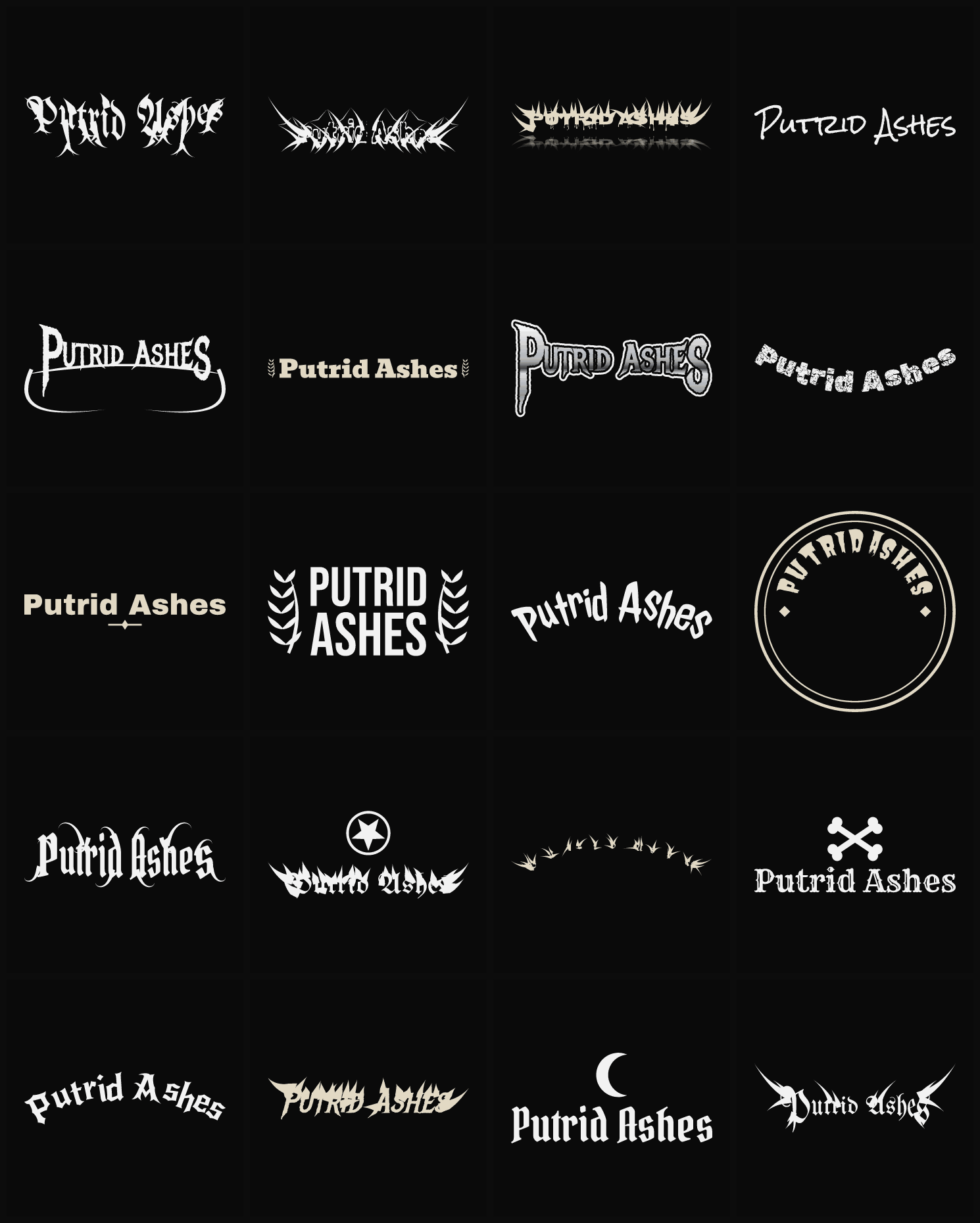 Twenty Putrid Ashes band logo ideas — different faces, treatments and spike settings