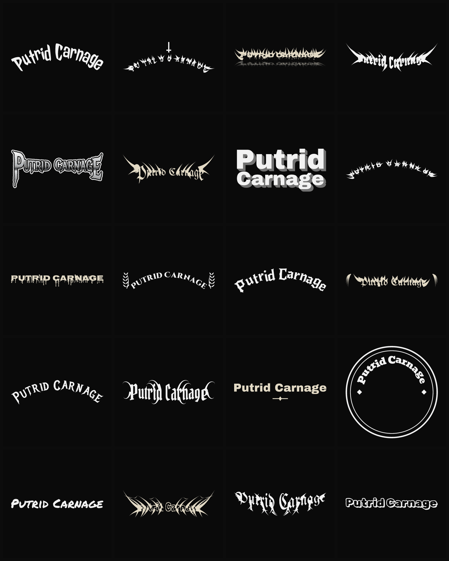 Twenty Putrid Carnage band logo ideas — different faces, treatments and spike settings