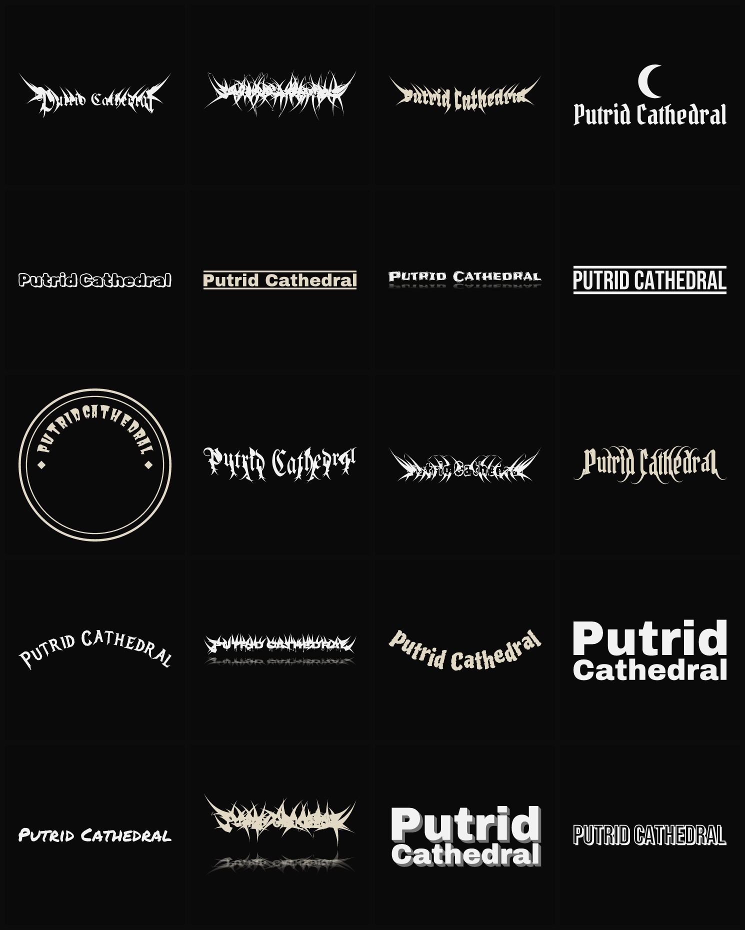 Twenty Putrid Cathedral band logo ideas — different faces, treatments and spike settings