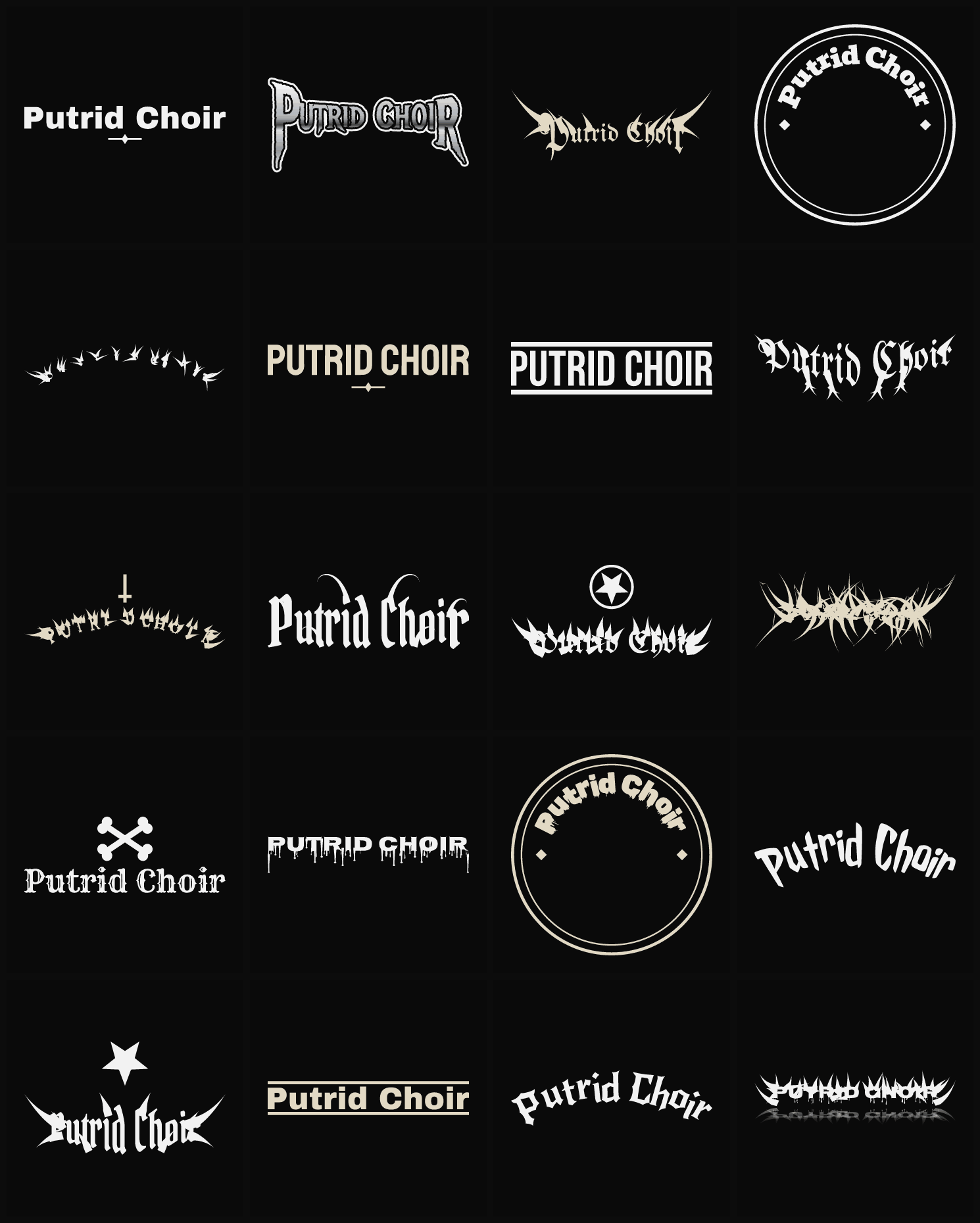 Twenty Putrid Choir band logo ideas — different faces, treatments and spike settings