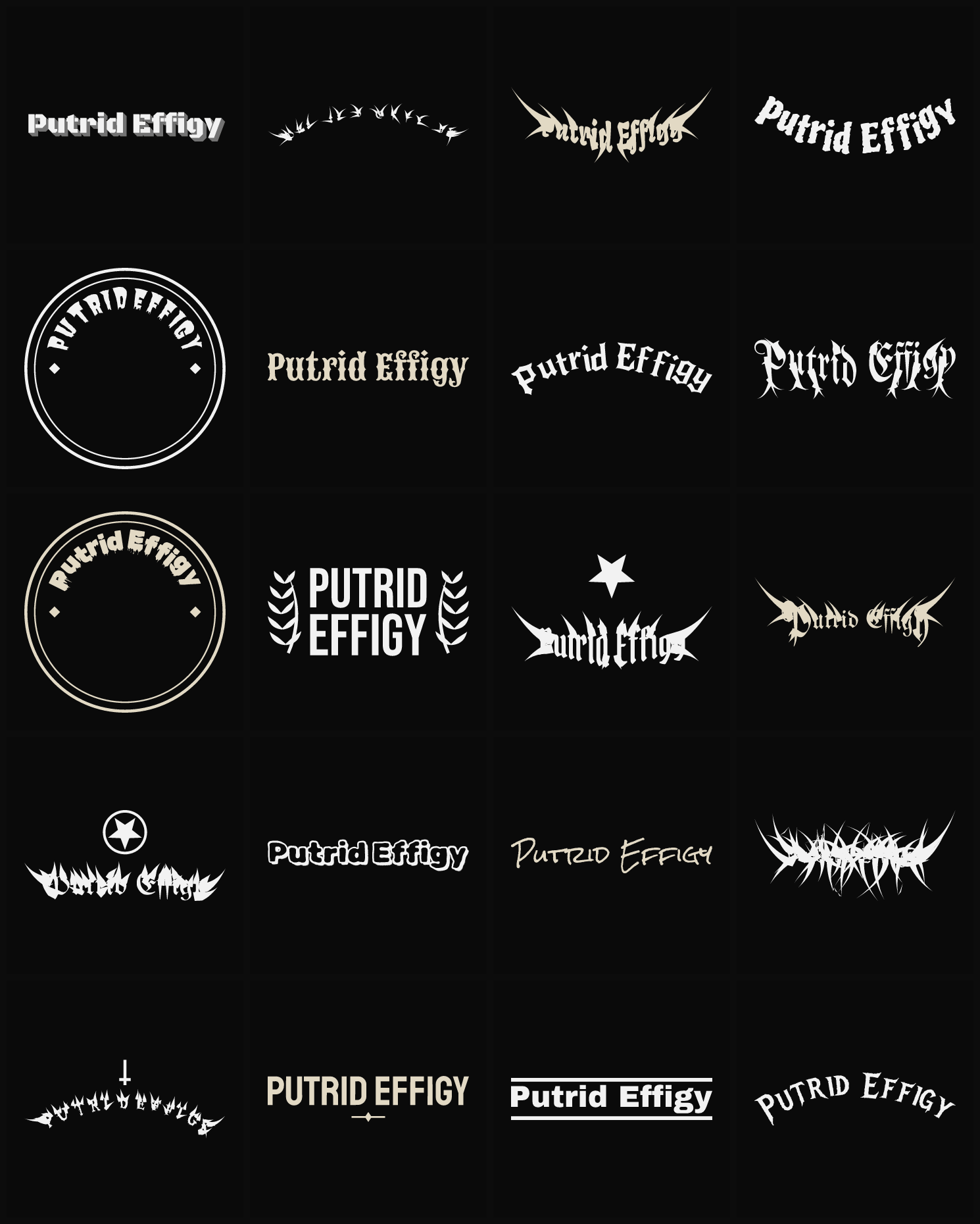 Twenty Putrid Effigy band logo ideas — different faces, treatments and spike settings
