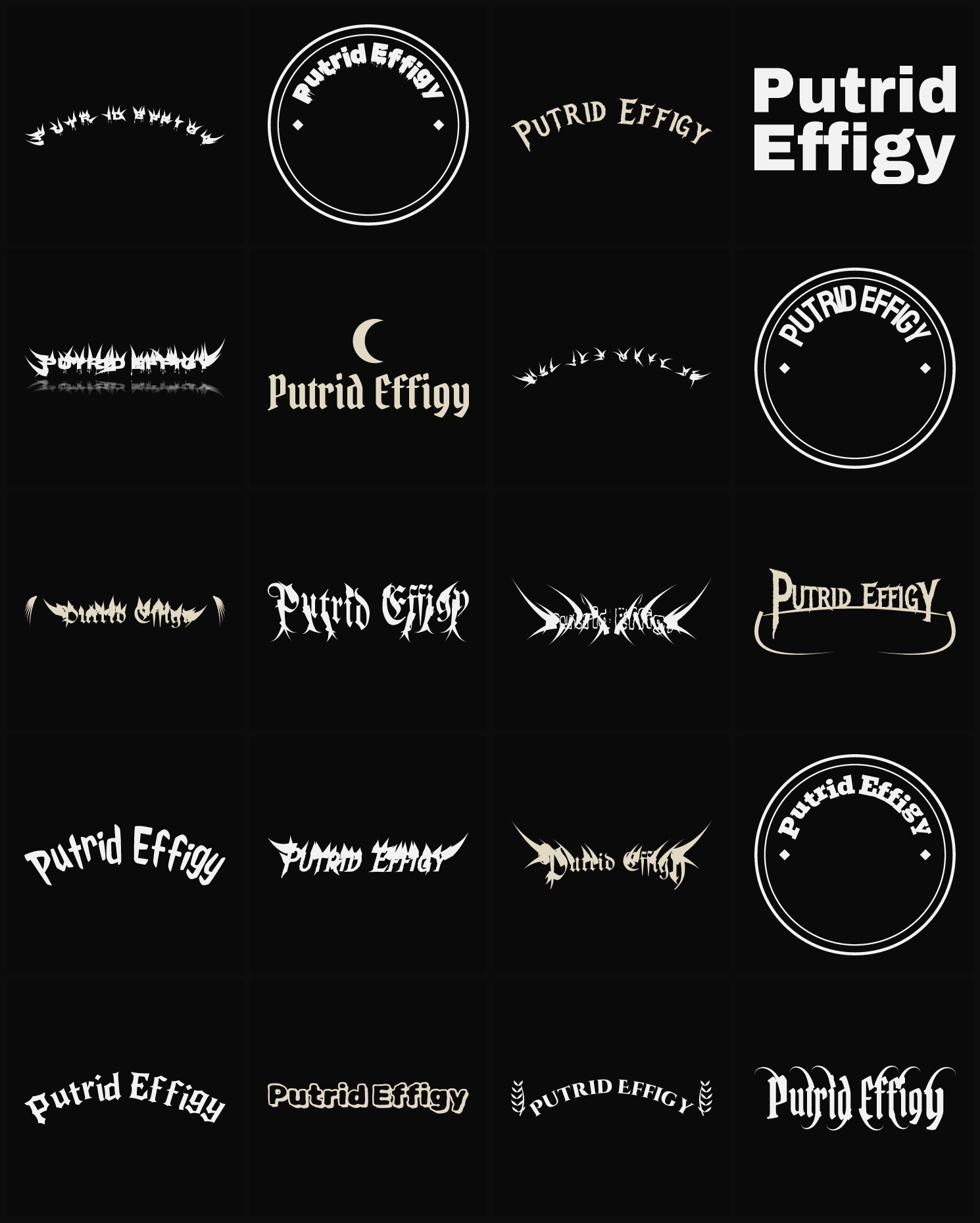 Twenty Putrid Effigy band logo ideas — different faces, treatments and spike settings