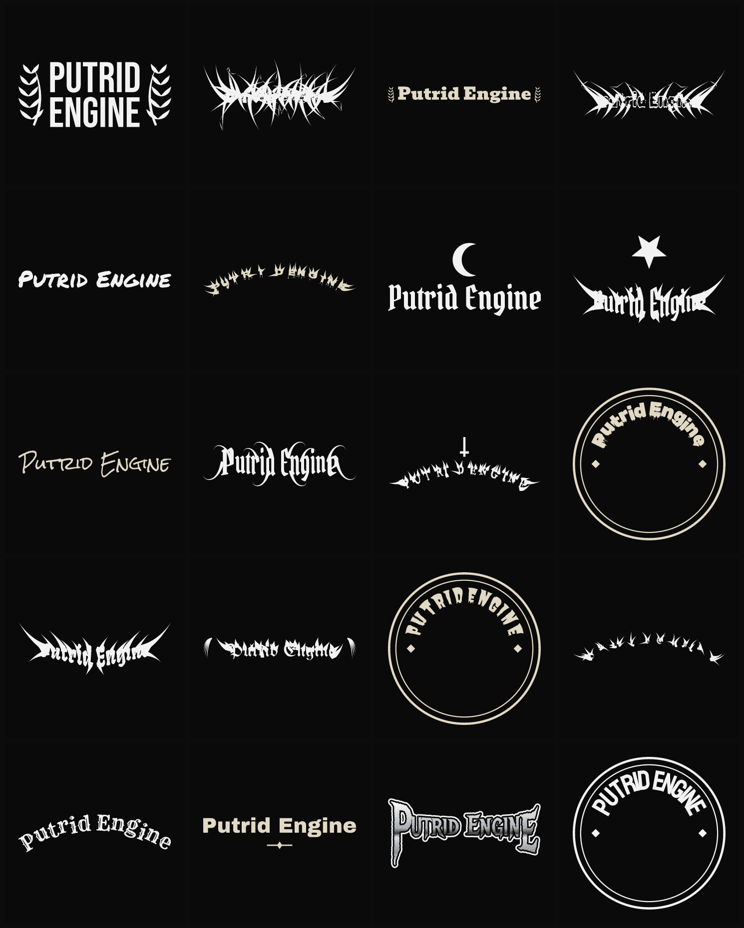 Twenty Putrid Engine band logo ideas — different faces, treatments and spike settings