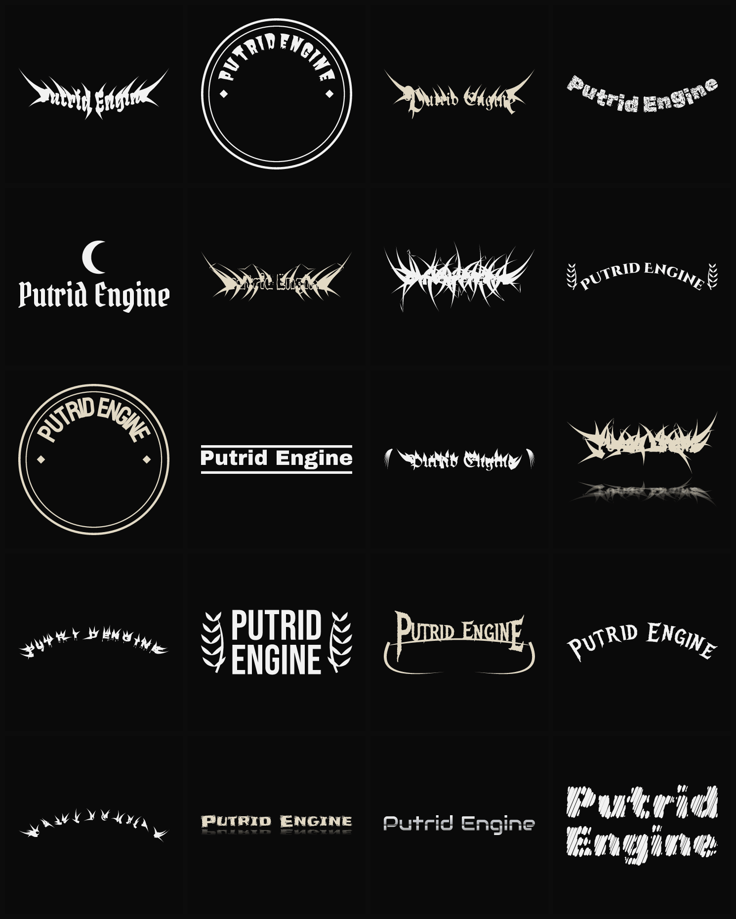 Twenty Putrid Engine band logo ideas — different faces, treatments and spike settings