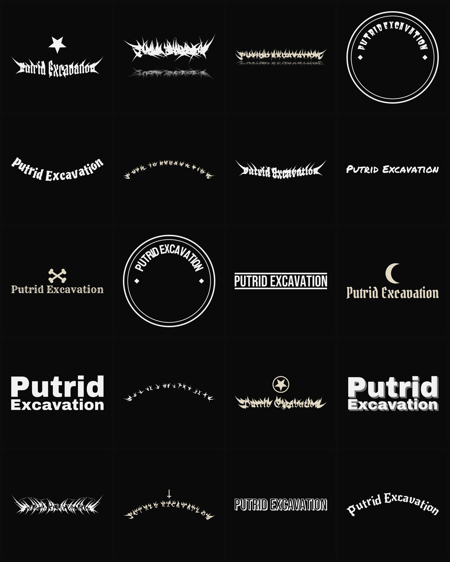 Twenty Putrid Excavation band logo ideas — different faces, treatments and spike settings