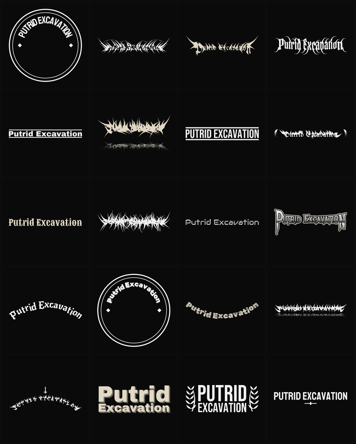 Twenty Putrid Excavation band logo ideas — different faces, treatments and spike settings