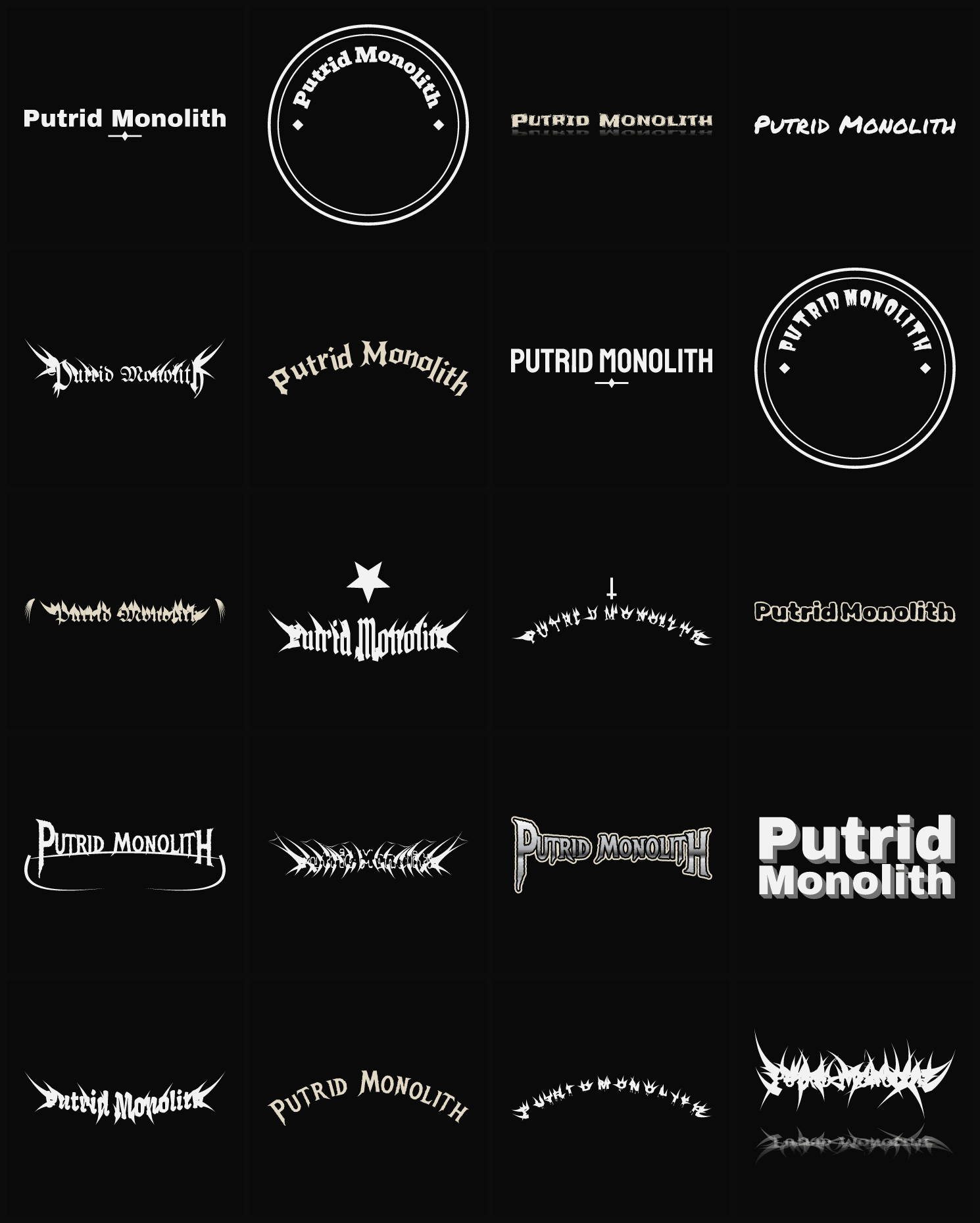 Twenty Putrid Monolith band logo ideas — different faces, treatments and spike settings