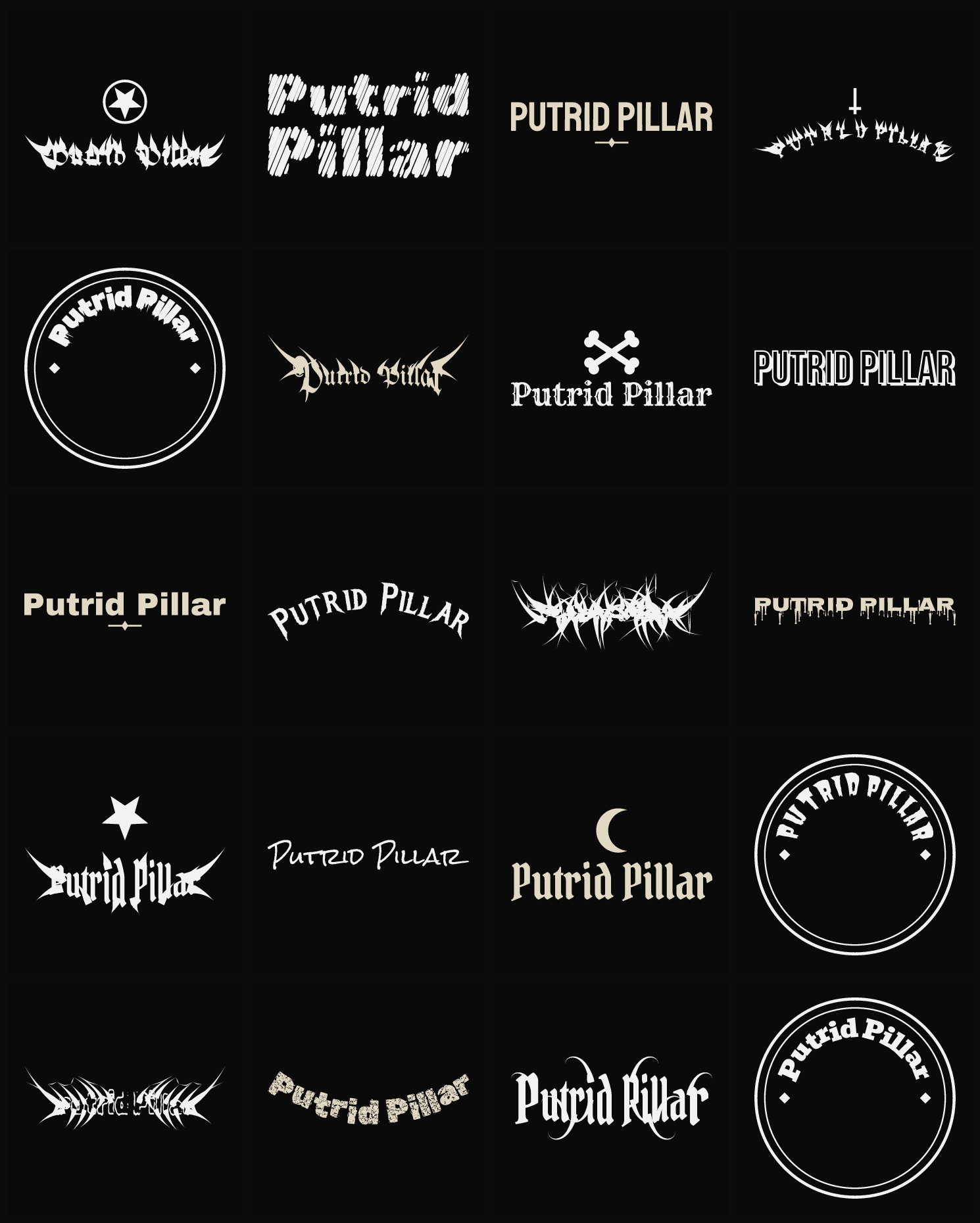 Twenty Putrid Pillar band logo ideas — different faces, treatments and spike settings