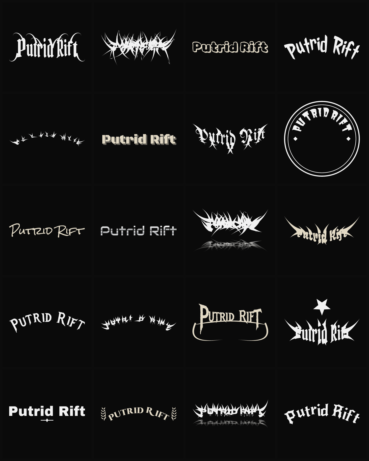 Twenty Putrid Rift band logo ideas — different faces, treatments and spike settings