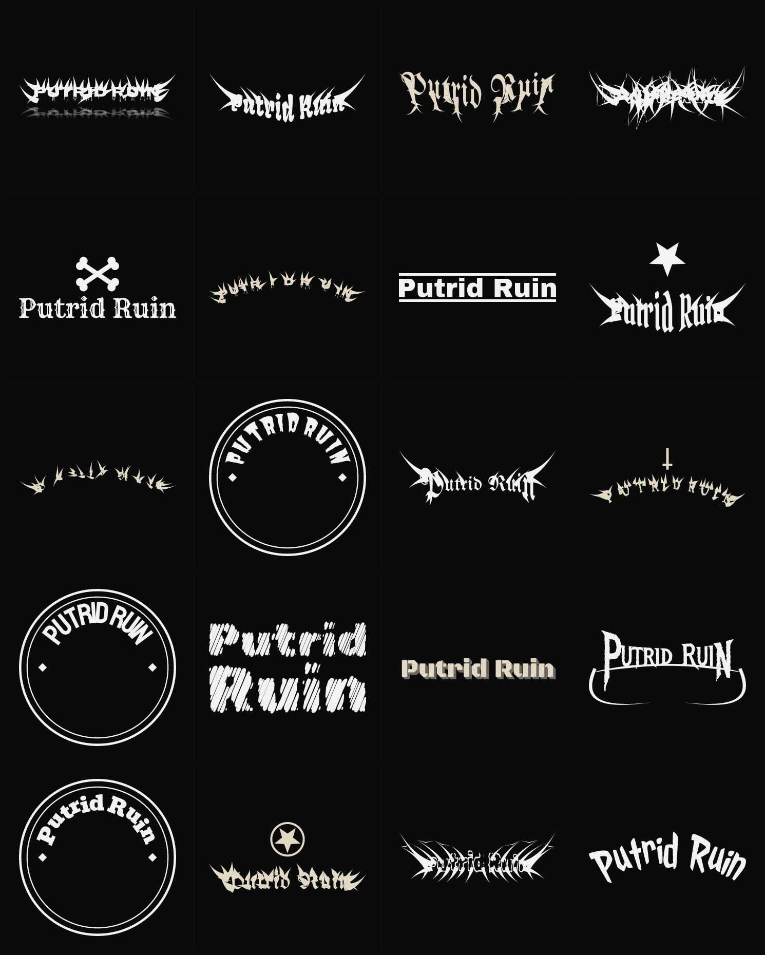 Twenty Putrid Ruin band logo ideas — different faces, treatments and spike settings