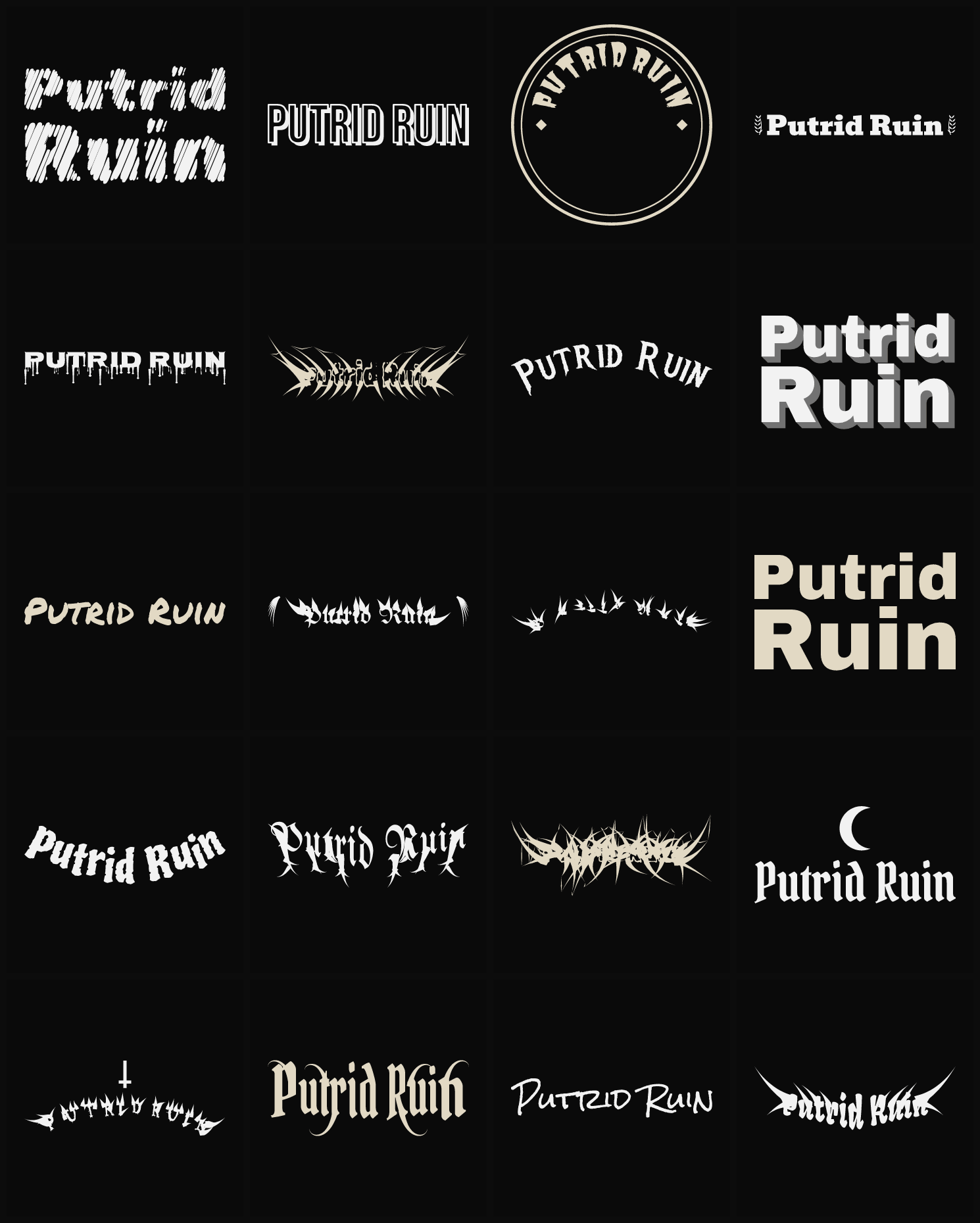 Twenty Putrid Ruin band logo ideas — different faces, treatments and spike settings