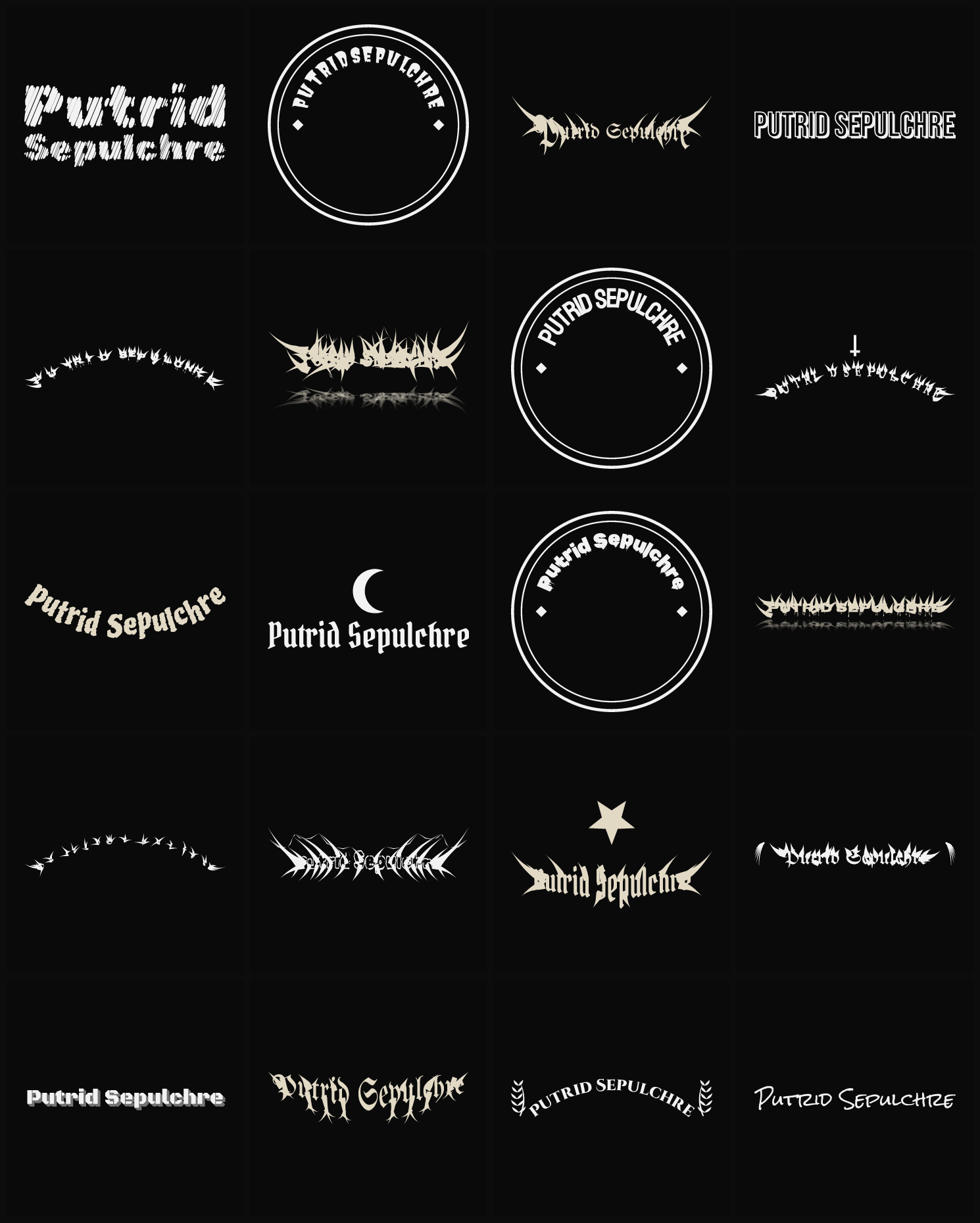 Twenty Putrid Sepulchre band logo ideas — different faces, treatments and spike settings