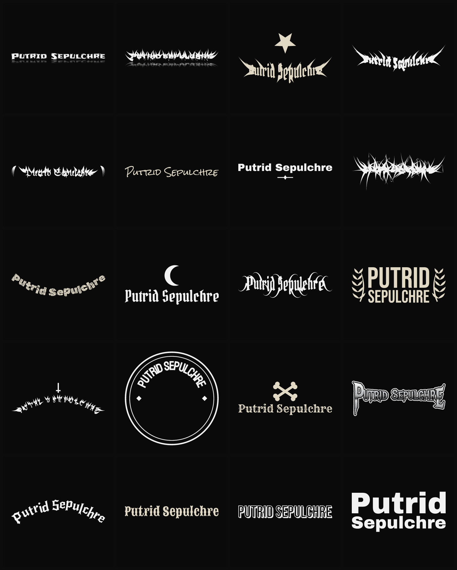 Twenty Putrid Sepulchre band logo ideas — different faces, treatments and spike settings