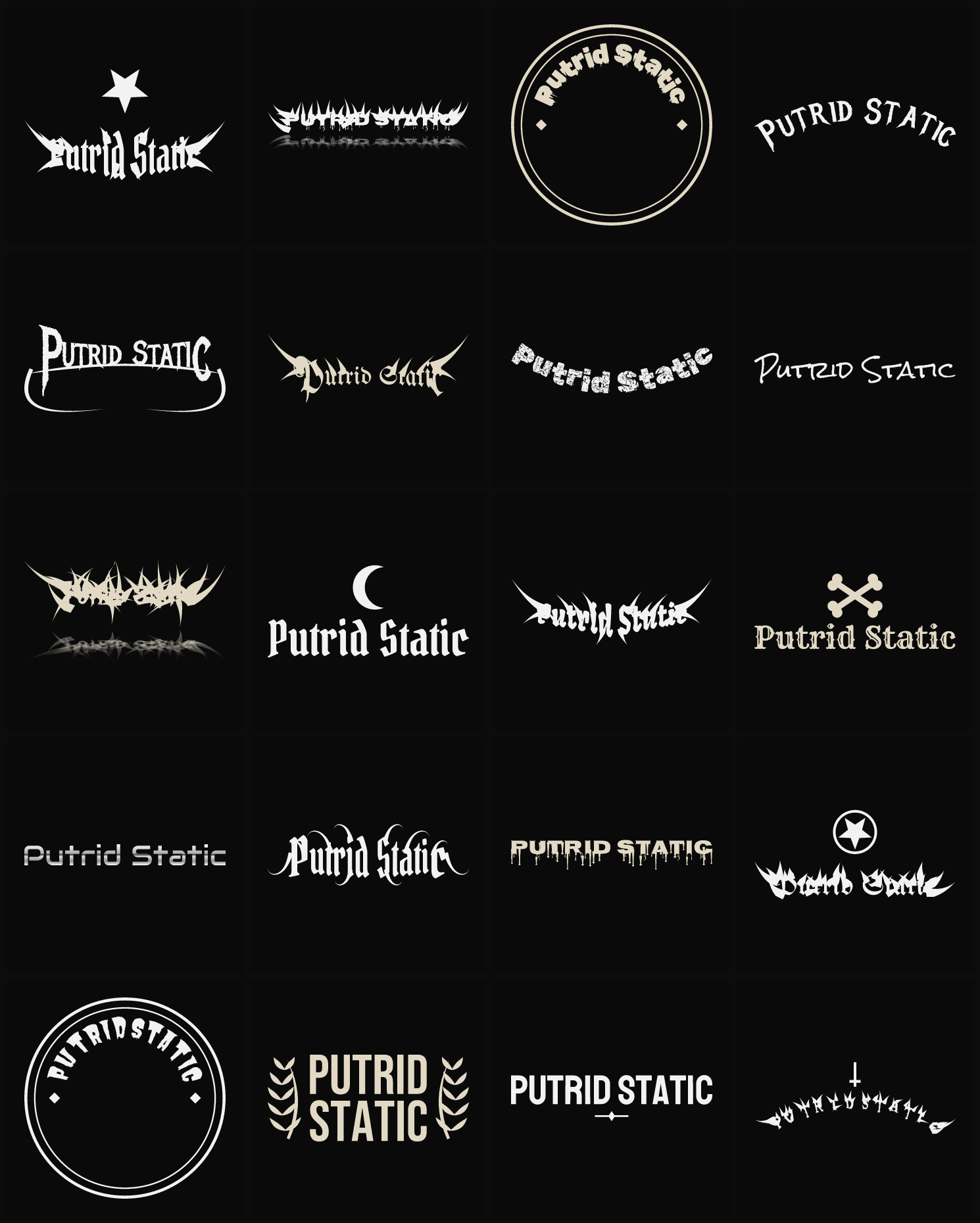 Twenty Putrid Static band logo ideas — different faces, treatments and spike settings