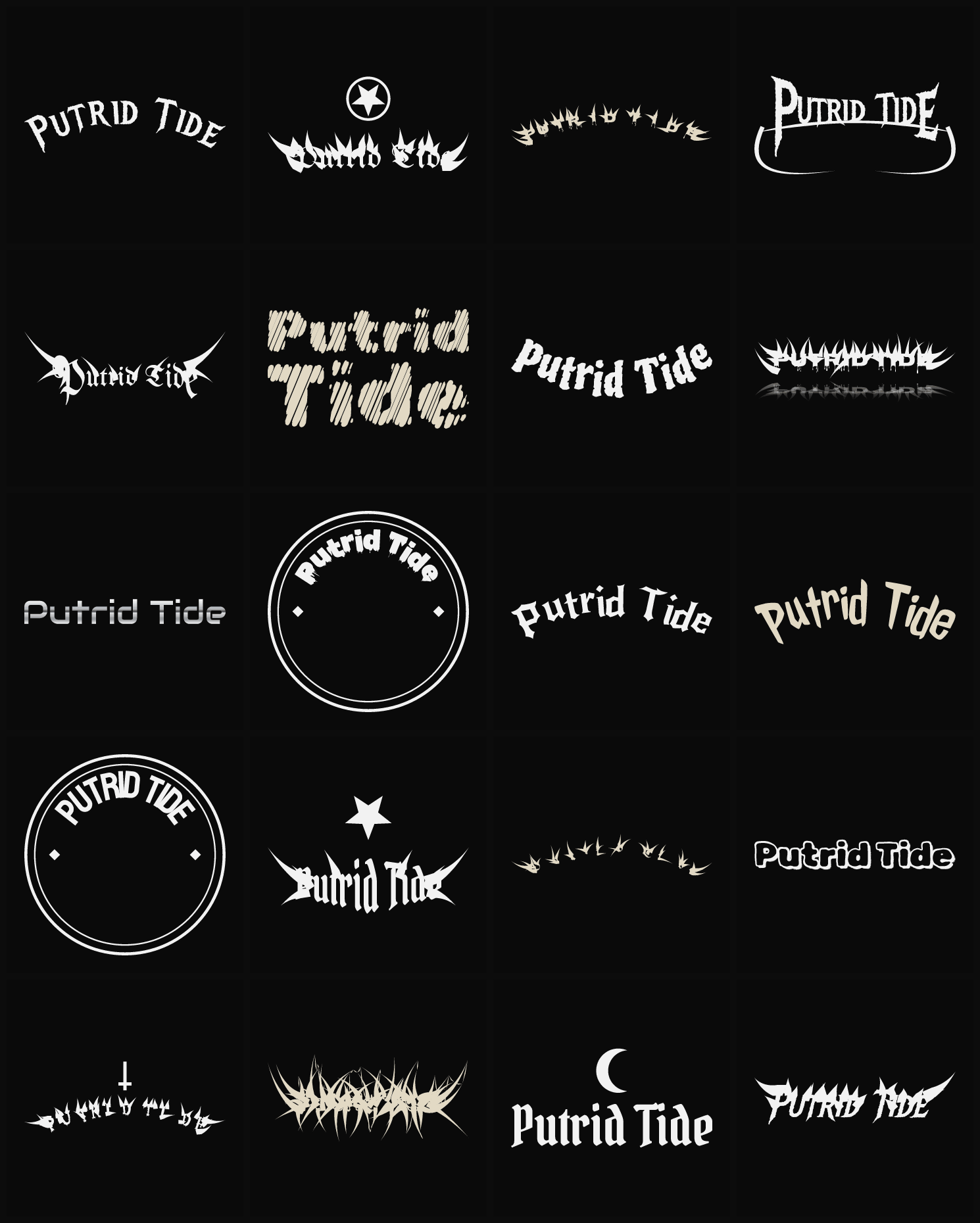 Twenty Putrid Tide band logo ideas — different faces, treatments and spike settings