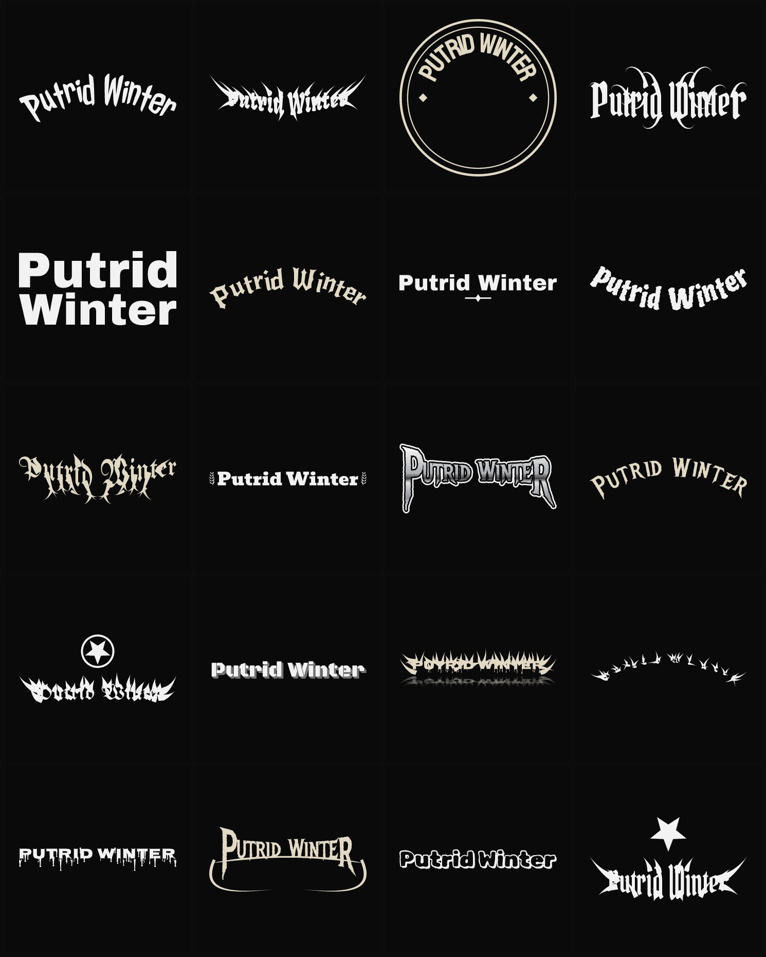 Twenty Putrid Winter band logo ideas — different faces, treatments and spike settings