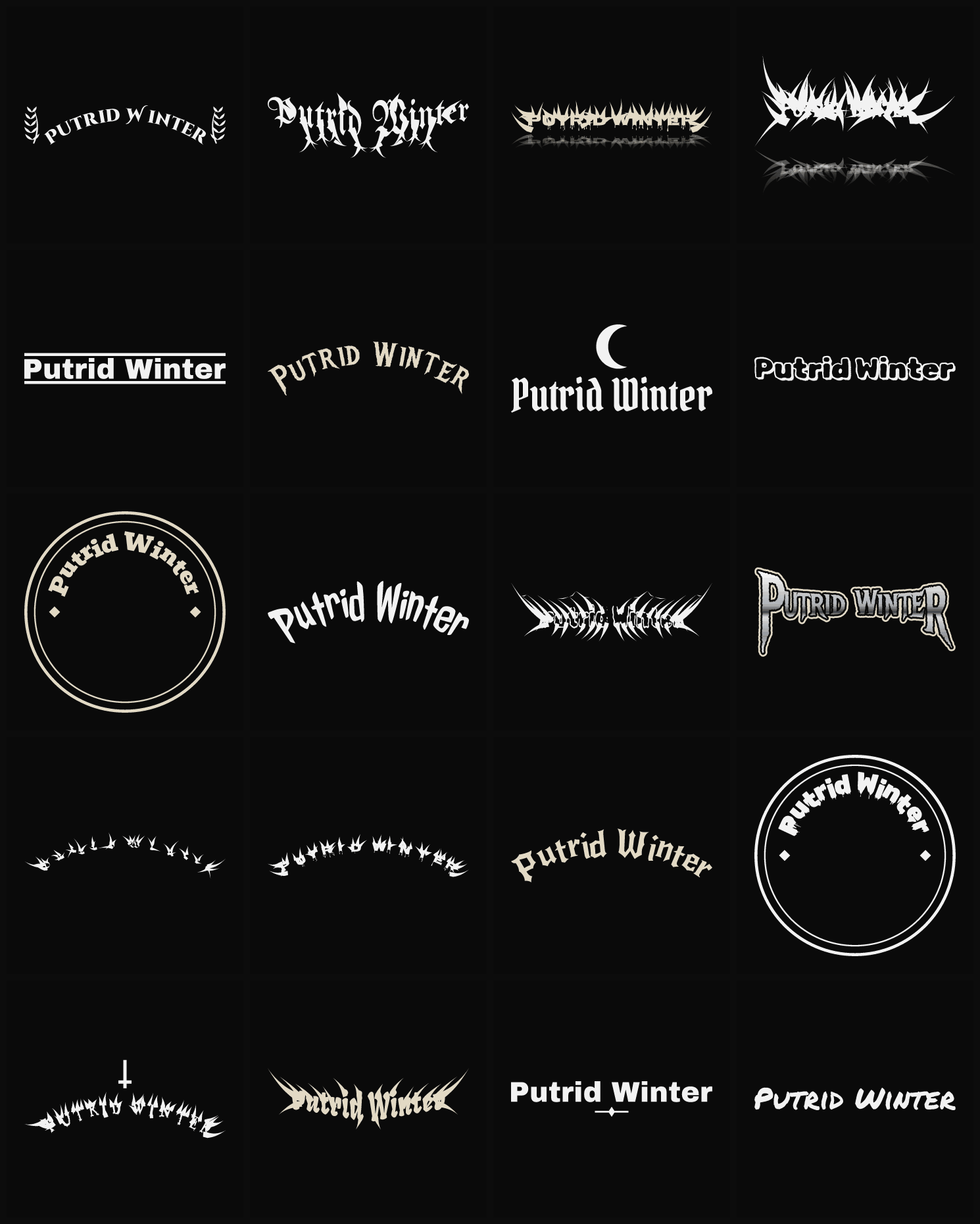 Twenty Putrid Winter band logo ideas — different faces, treatments and spike settings
