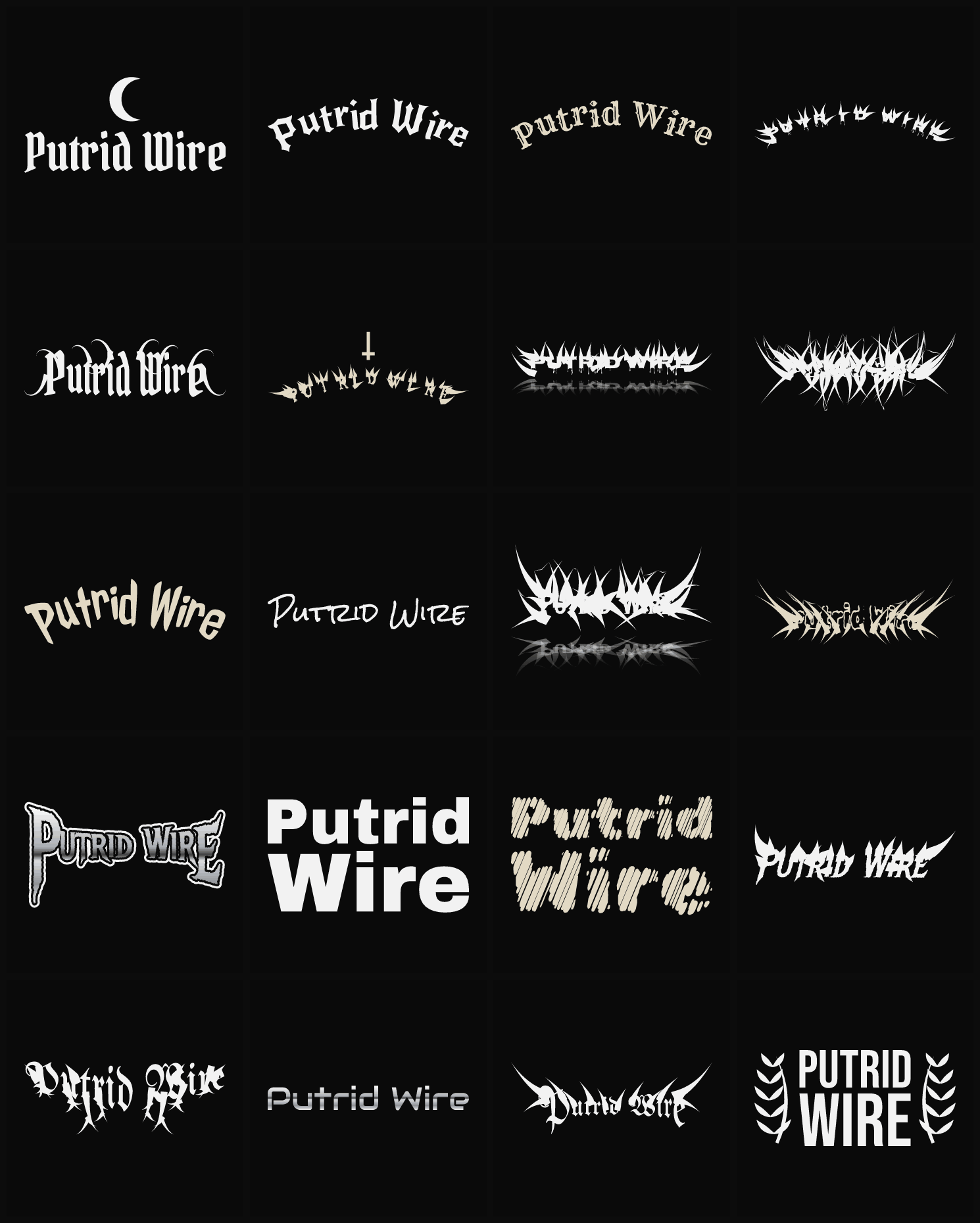 Twenty Putrid Wire band logo ideas — different faces, treatments and spike settings
