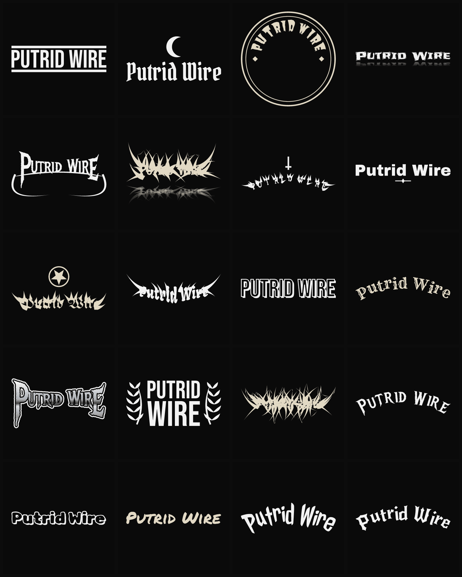 Twenty Putrid Wire band logo ideas — different faces, treatments and spike settings