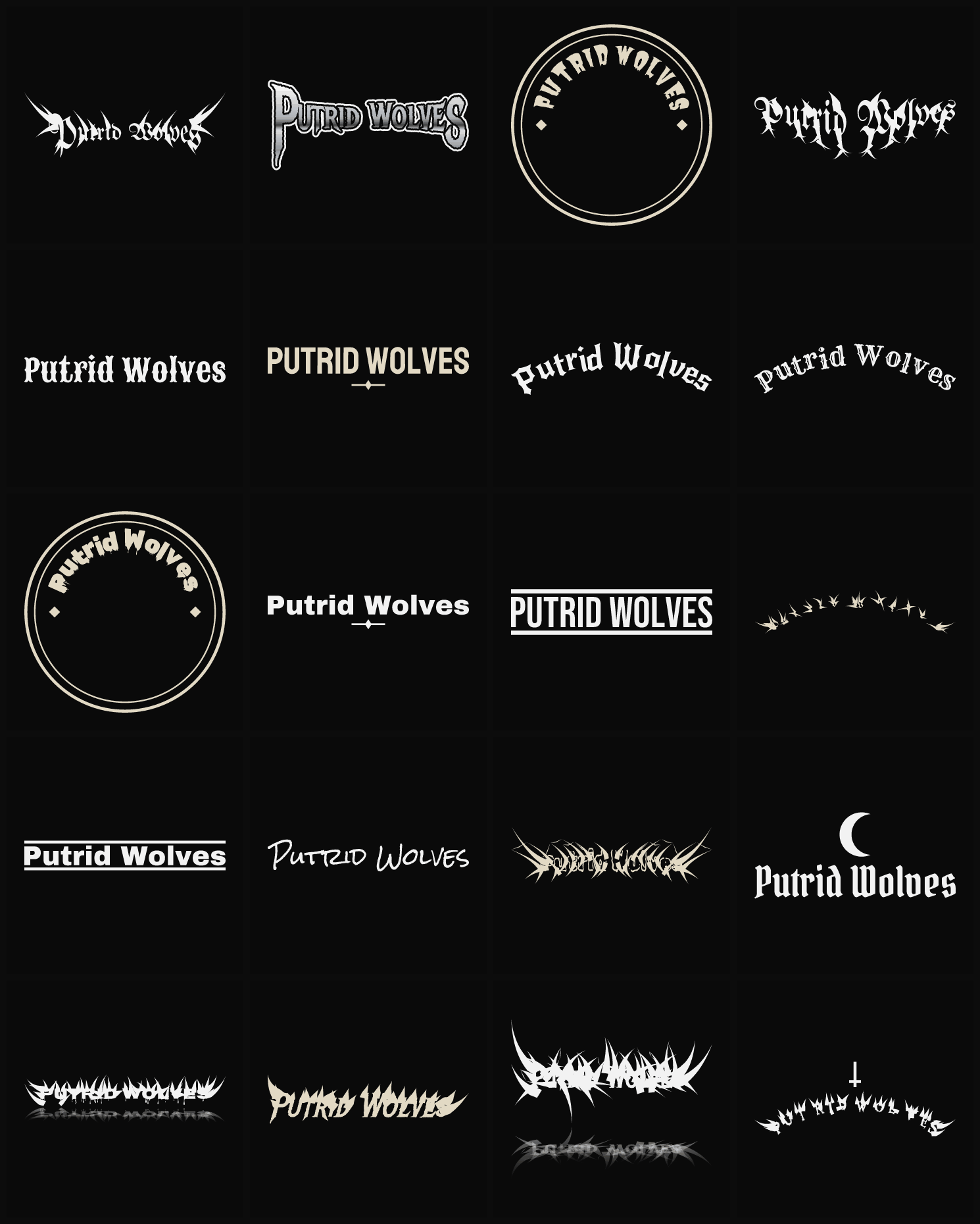 Twenty Putrid Wolves band logo ideas — different faces, treatments and spike settings