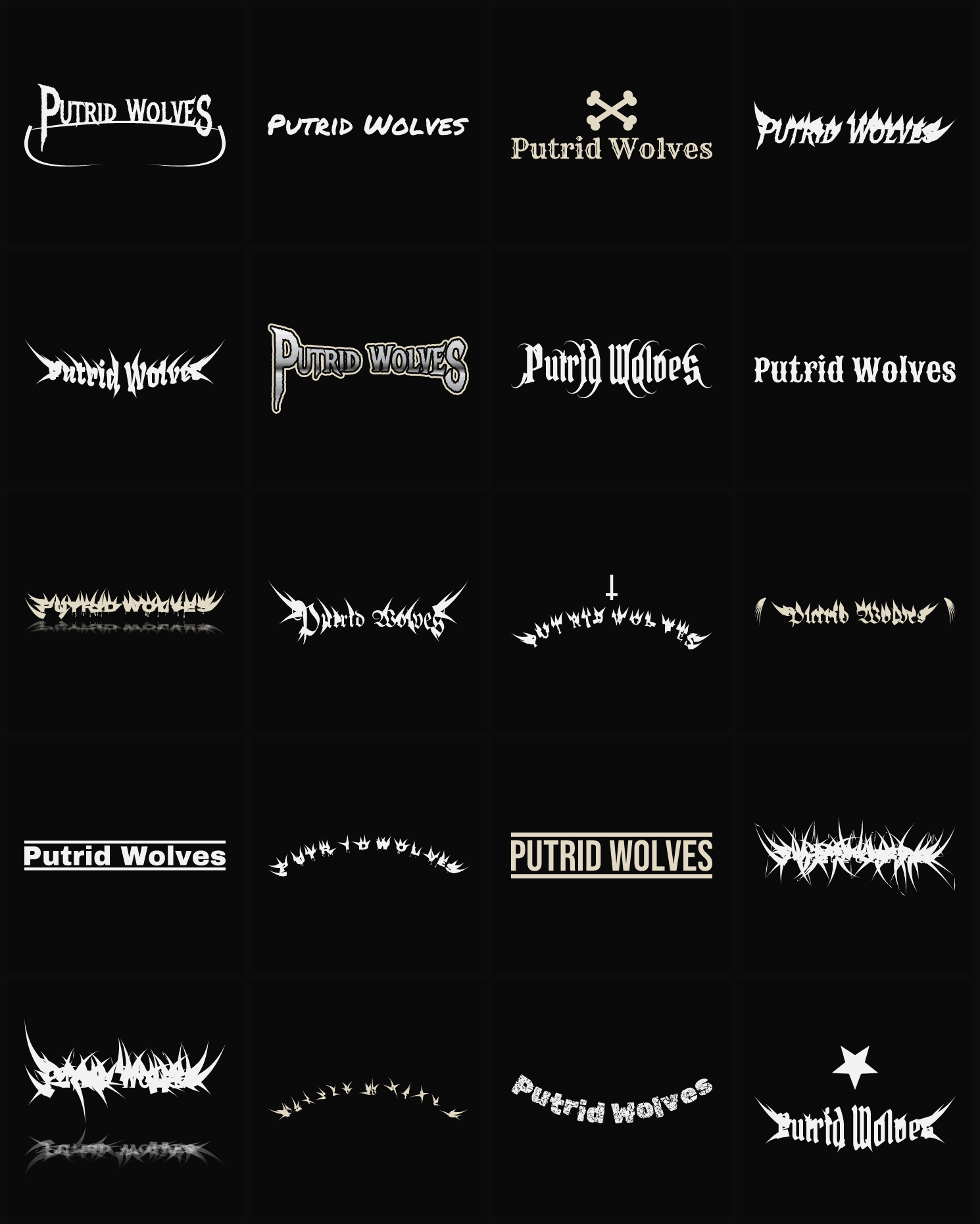 Twenty Putrid Wolves band logo ideas — different faces, treatments and spike settings