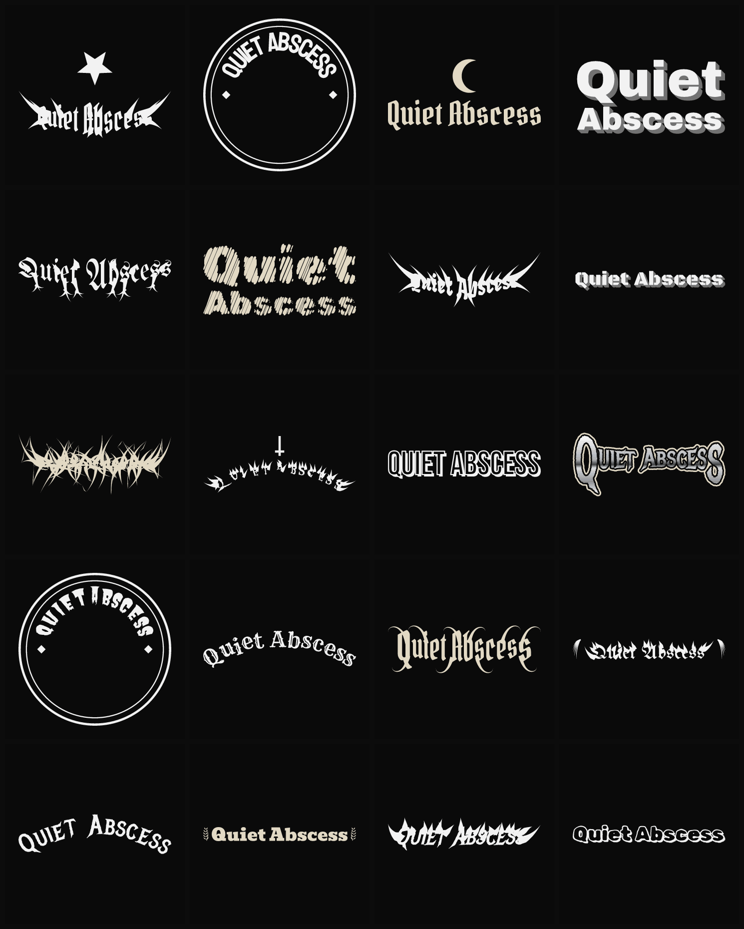 Twenty Quiet Abscess band logo ideas — different faces, treatments and spike settings