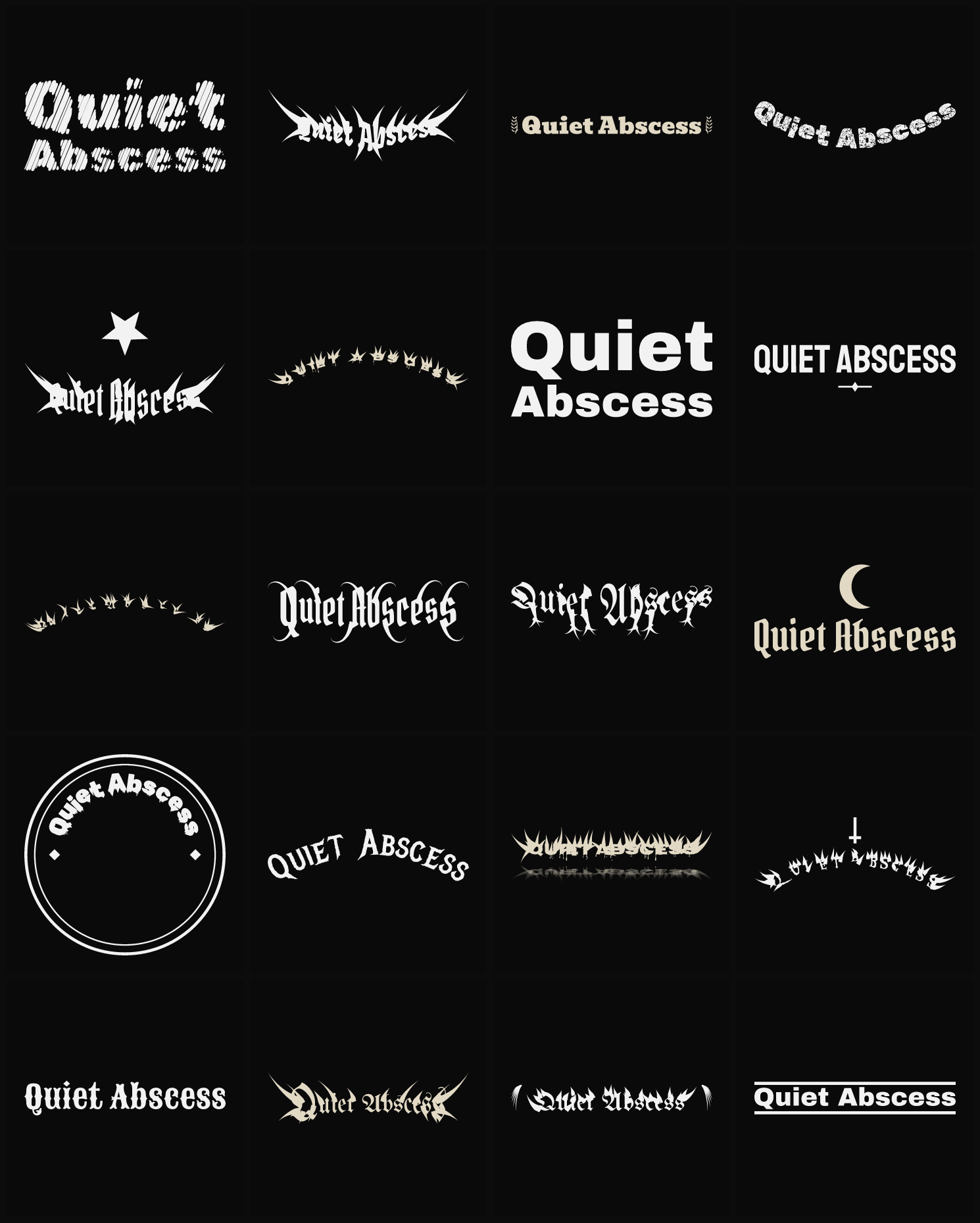 Twenty Quiet Abscess band logo ideas — different faces, treatments and spike settings