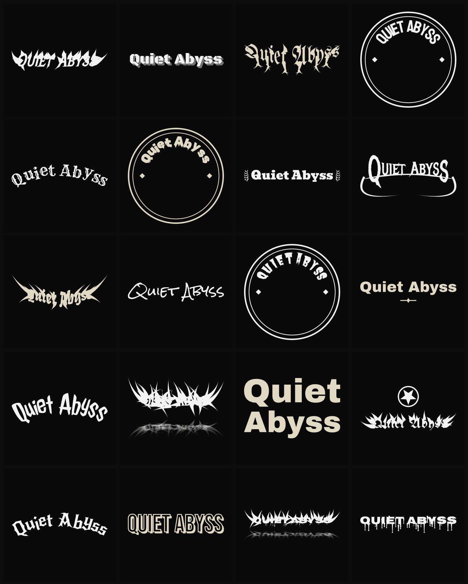 Twenty Quiet Abyss band logo ideas — different faces, treatments and spike settings