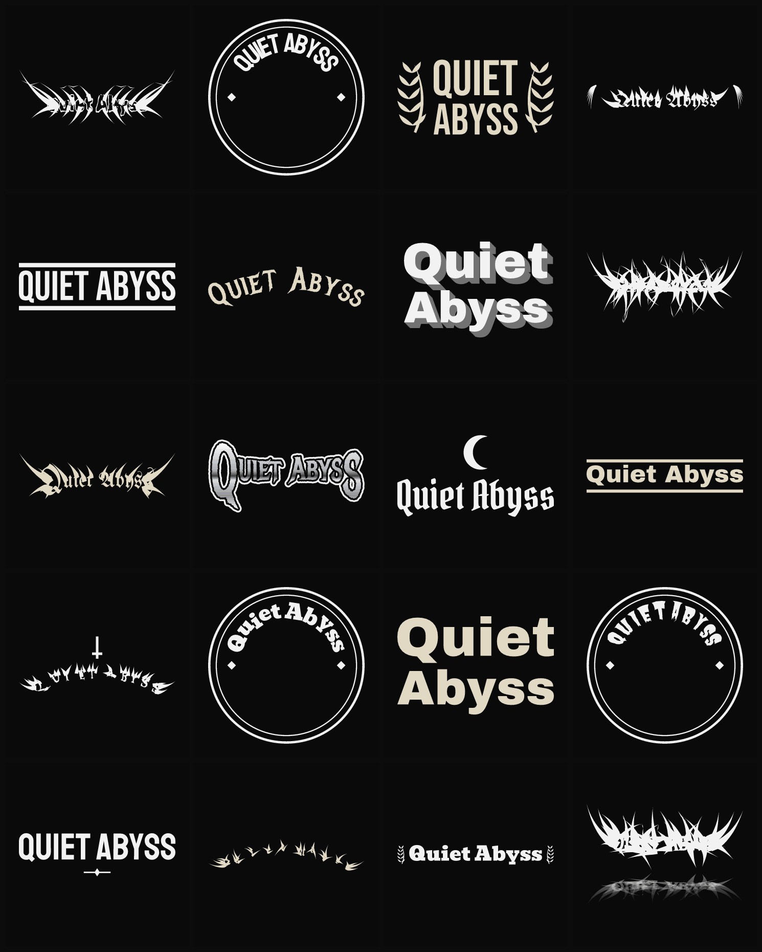 Twenty Quiet Abyss band logo ideas — different faces, treatments and spike settings