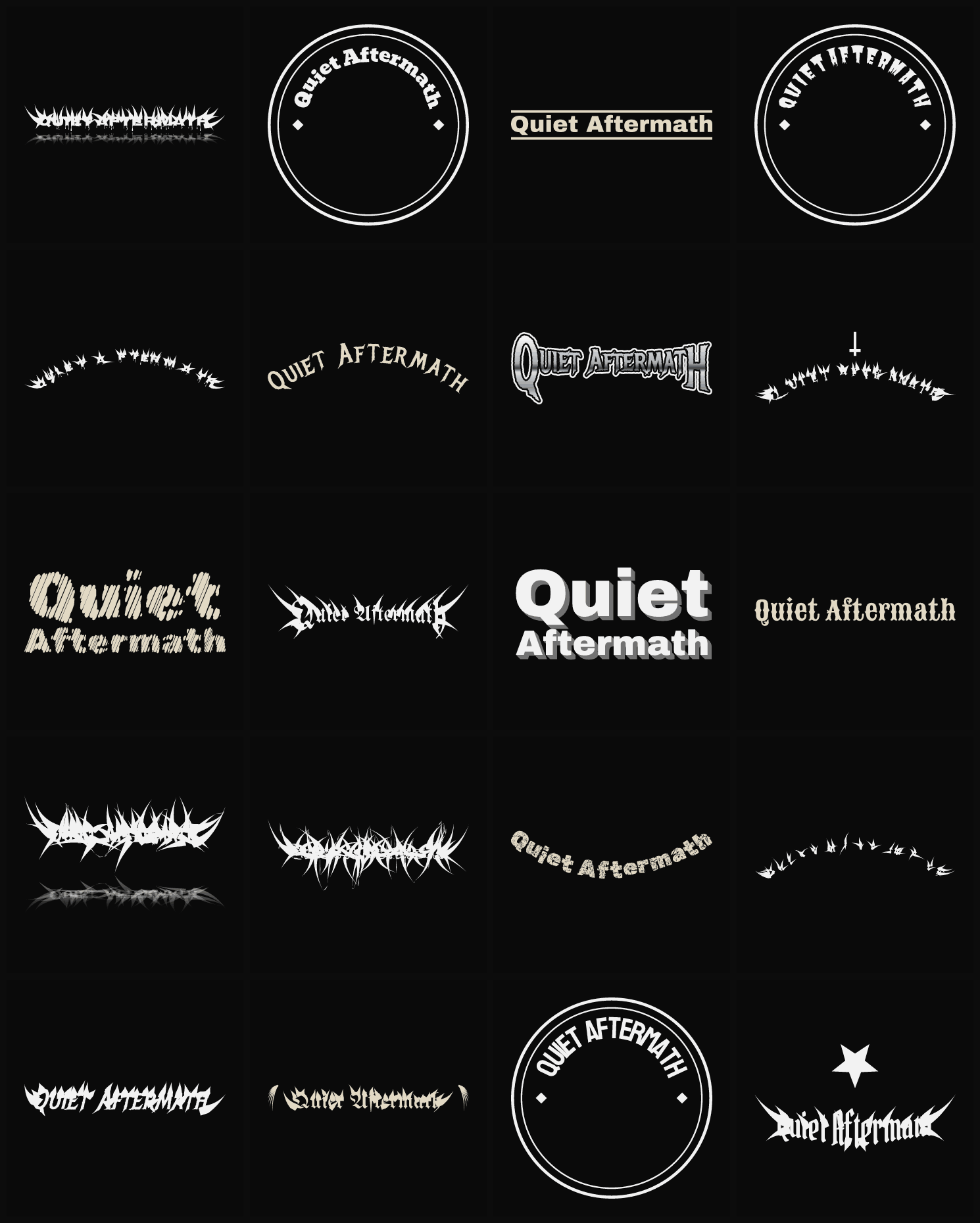 Twenty Quiet Aftermath band logo ideas — different faces, treatments and spike settings