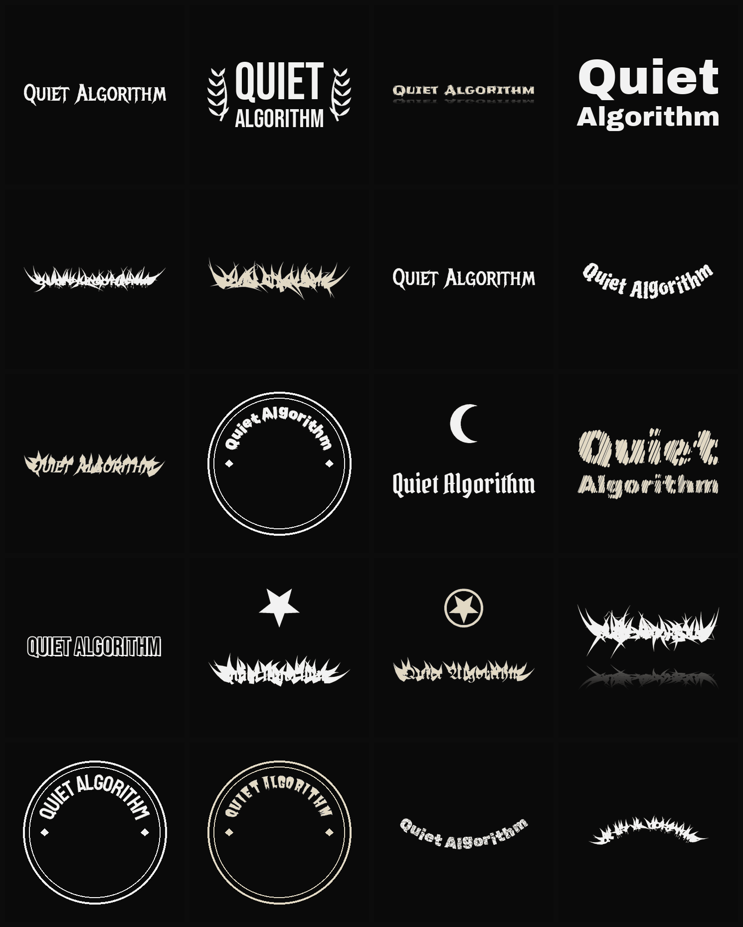 Twenty Quiet Algorithm band logo ideas — different faces, treatments and spike settings