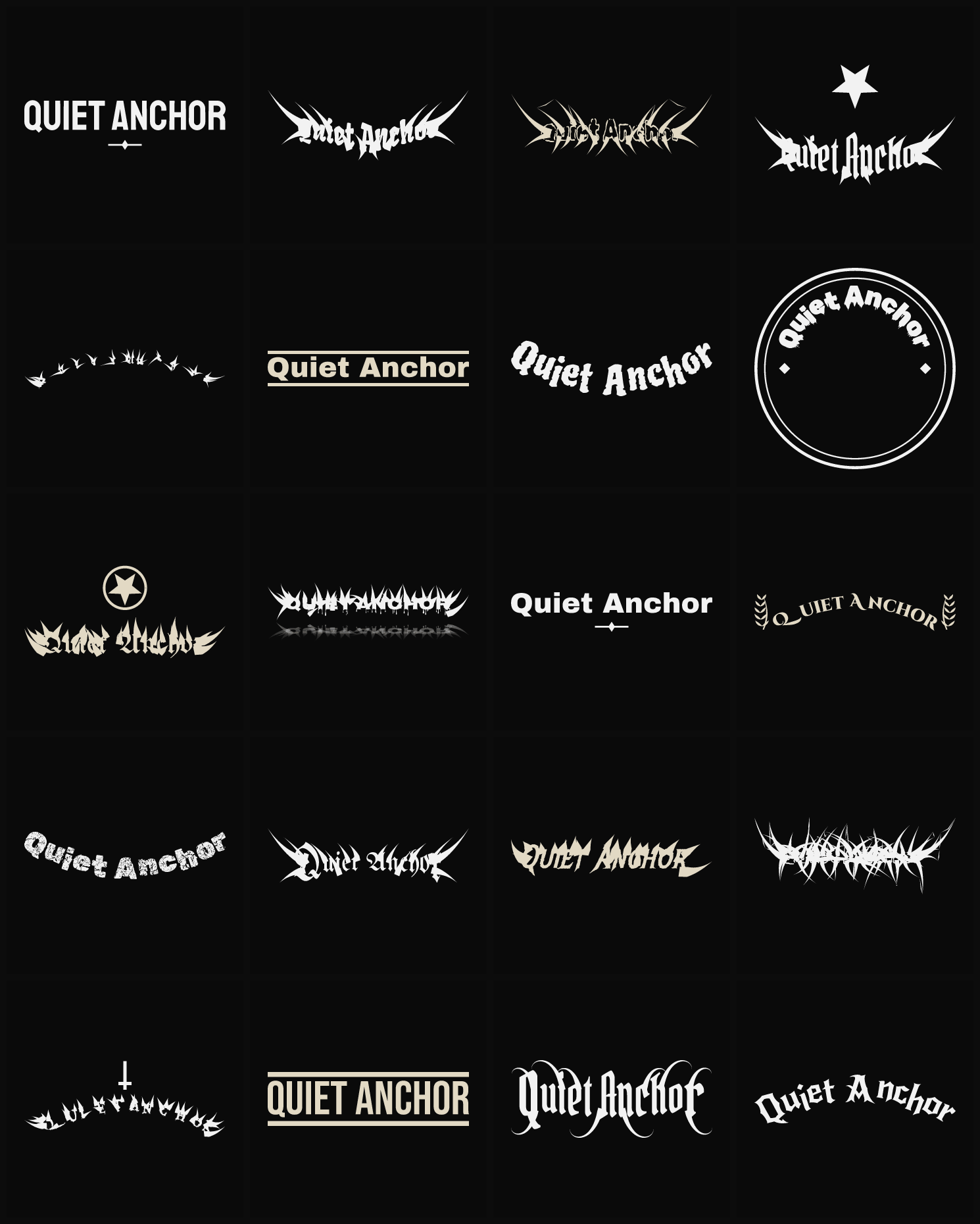 Twenty Quiet Anchor band logo ideas — different faces, treatments and spike settings