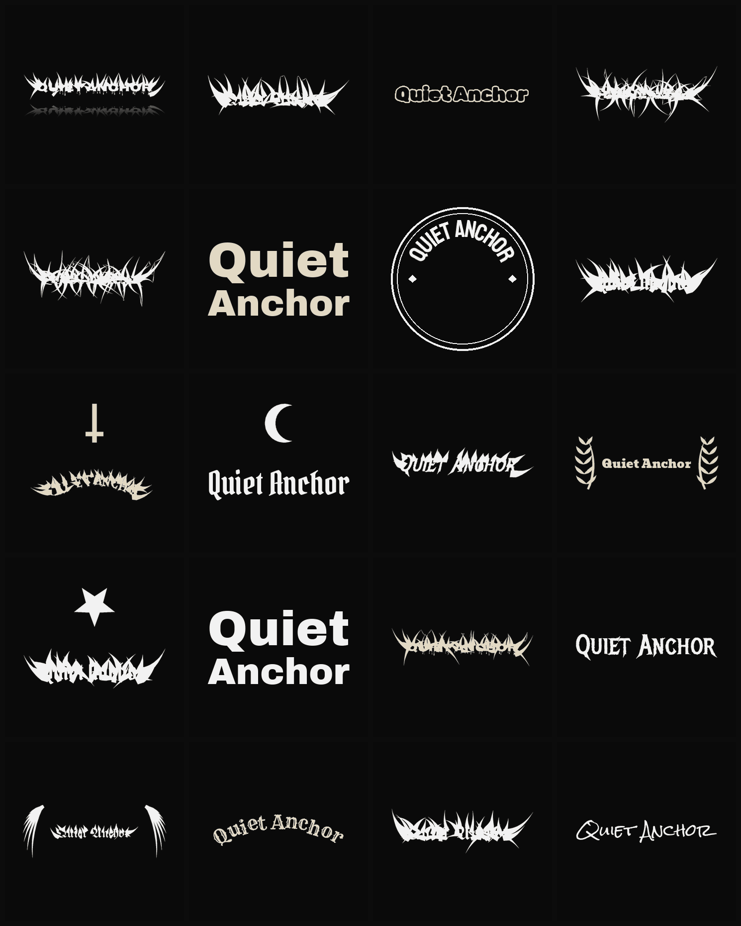 Twenty Quiet Anchor band logo ideas — different faces, treatments and spike settings