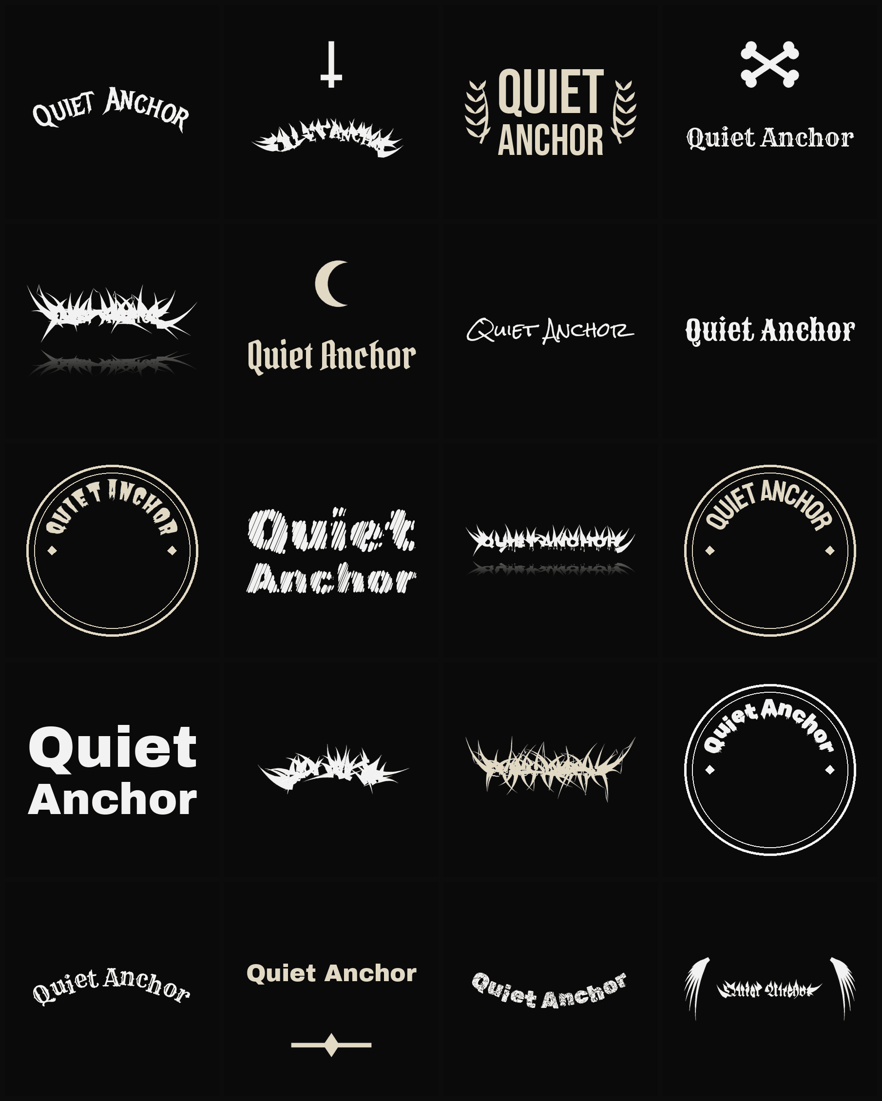 Twenty Quiet Anchor band logo ideas — different faces, treatments and spike settings