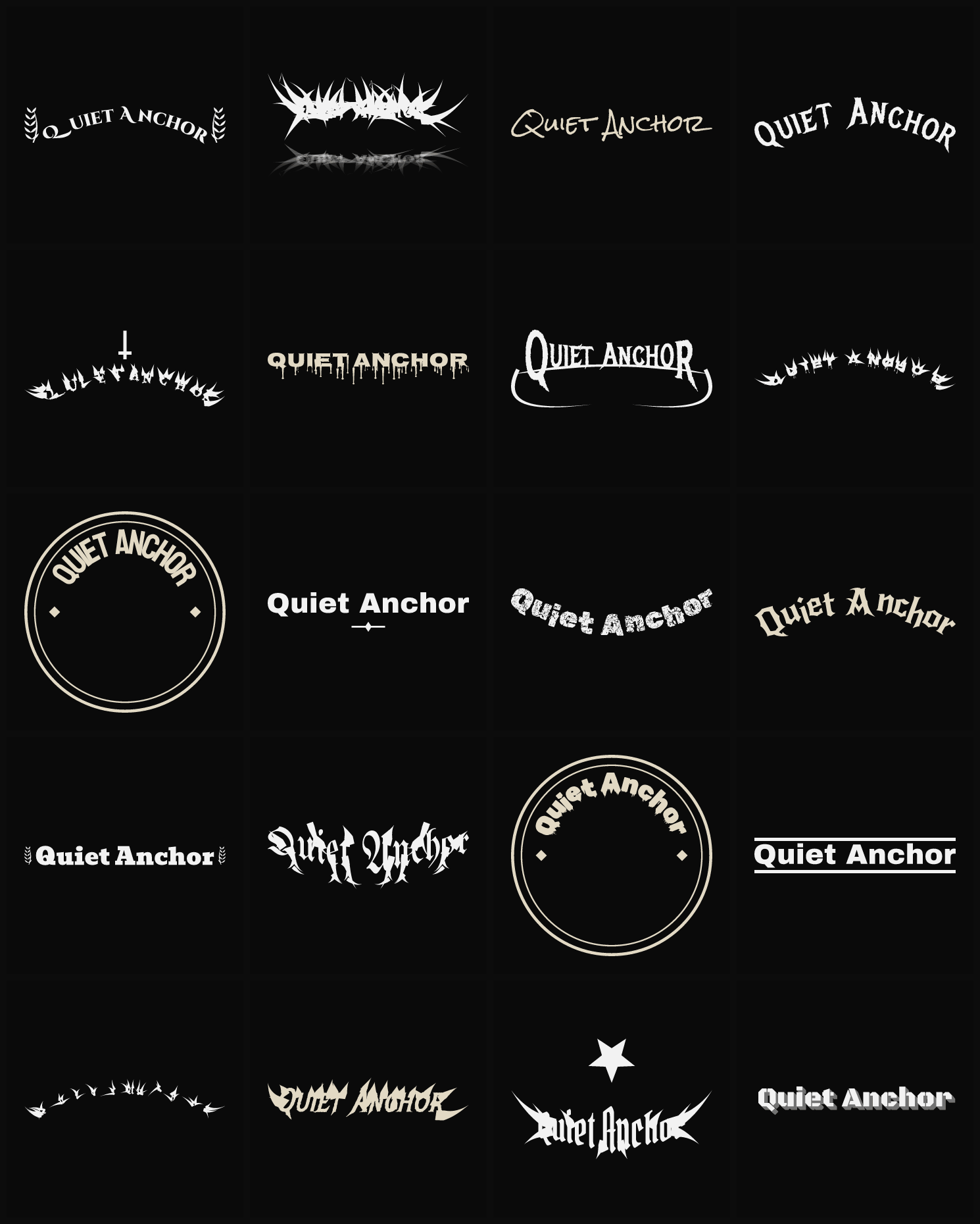 Twenty Quiet Anchor band logo ideas — different faces, treatments and spike settings