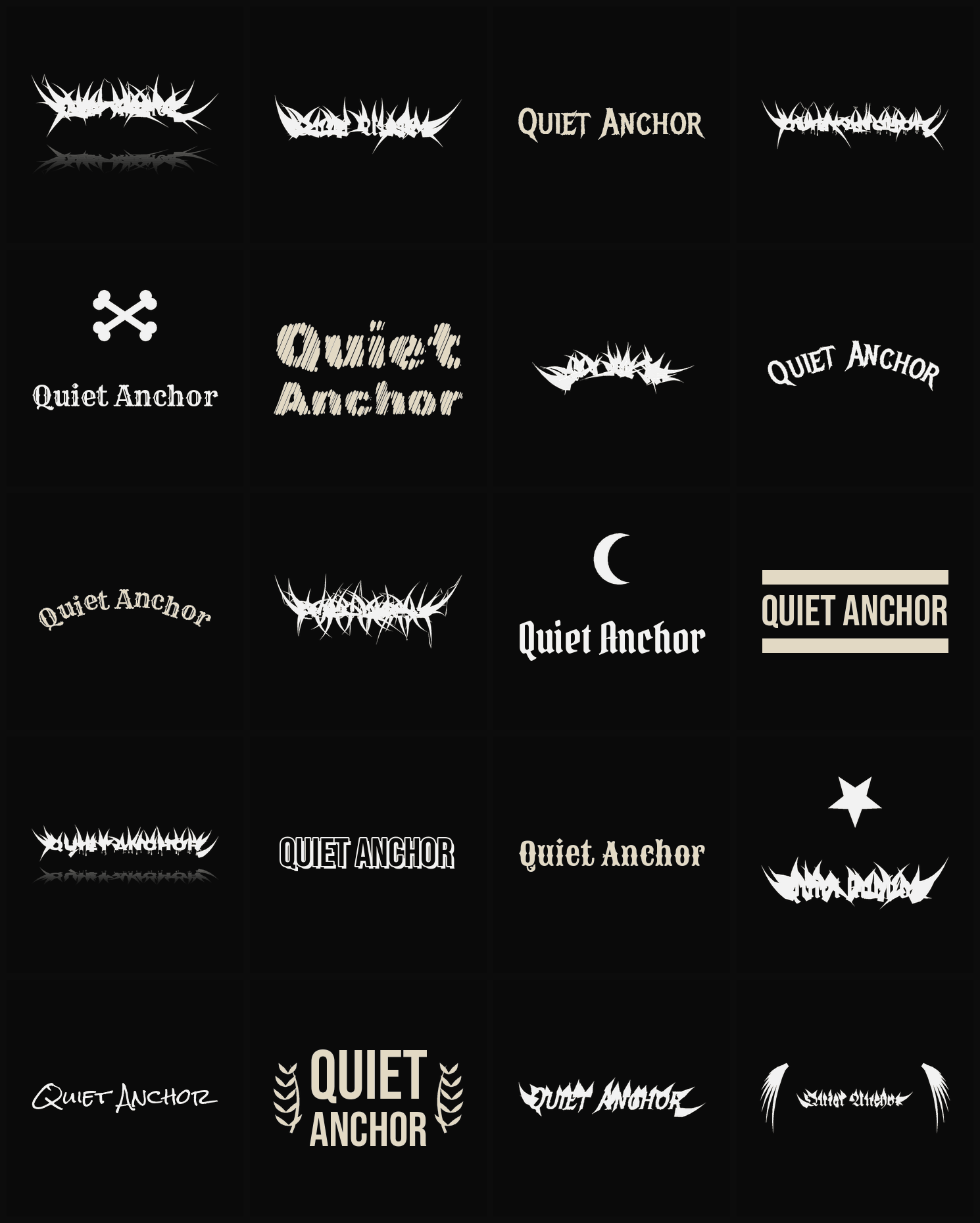 Twenty Quiet Anchor band logo ideas — different faces, treatments and spike settings