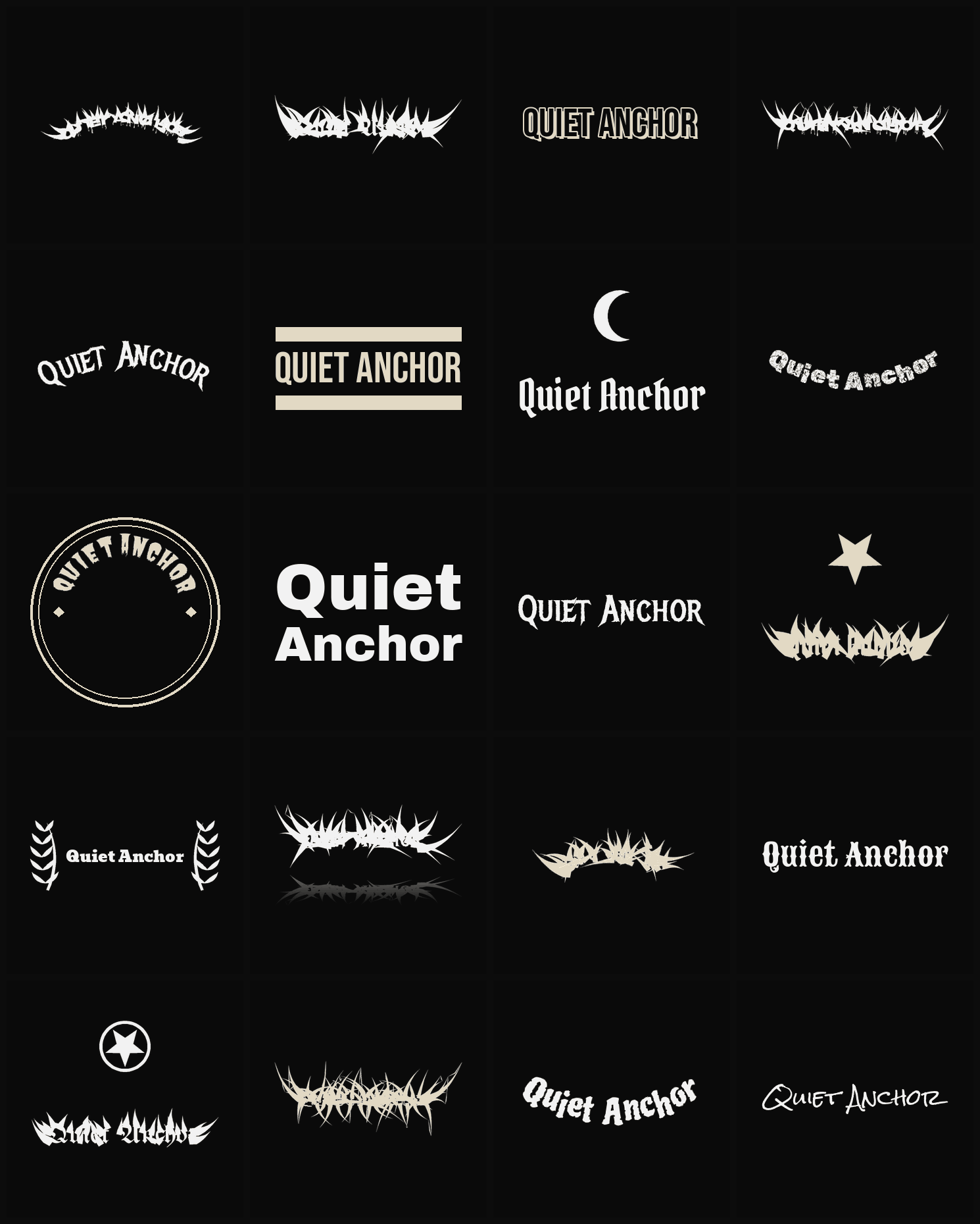 Twenty Quiet Anchor band logo ideas — different faces, treatments and spike settings