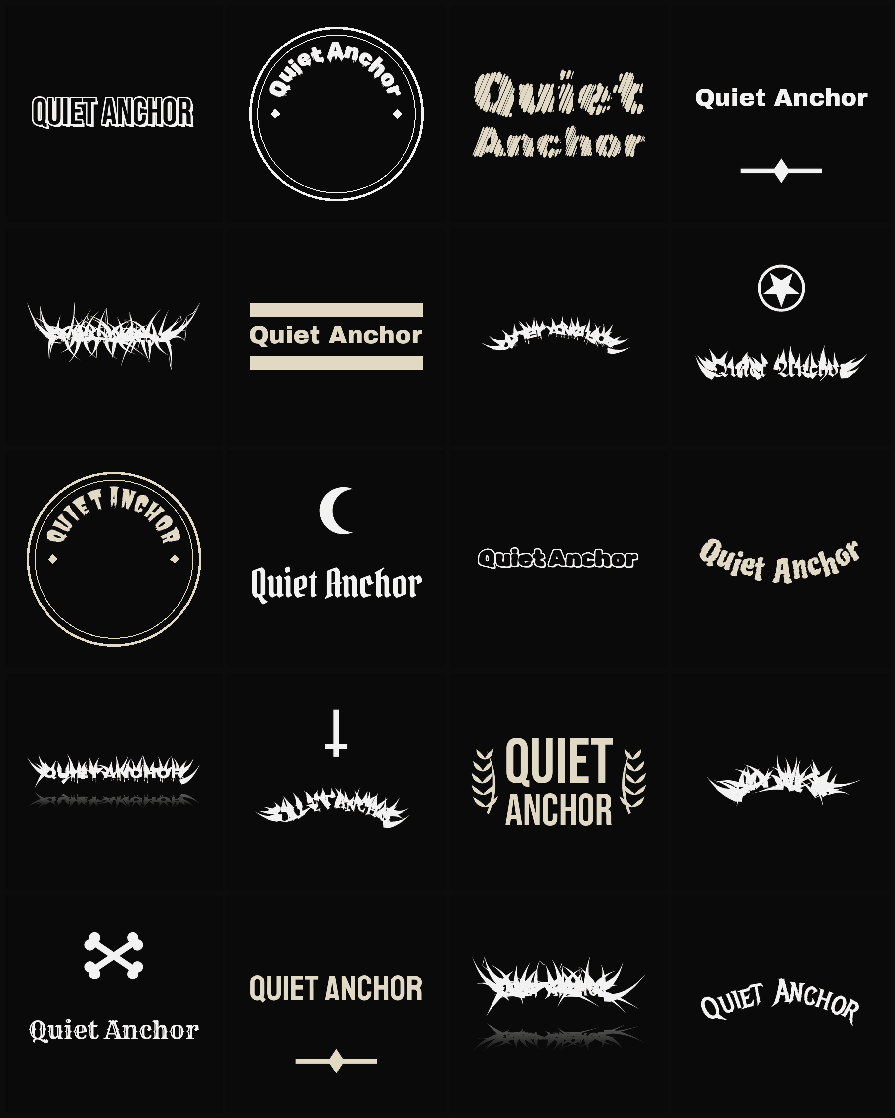 Twenty Quiet Anchor band logo ideas — different faces, treatments and spike settings
