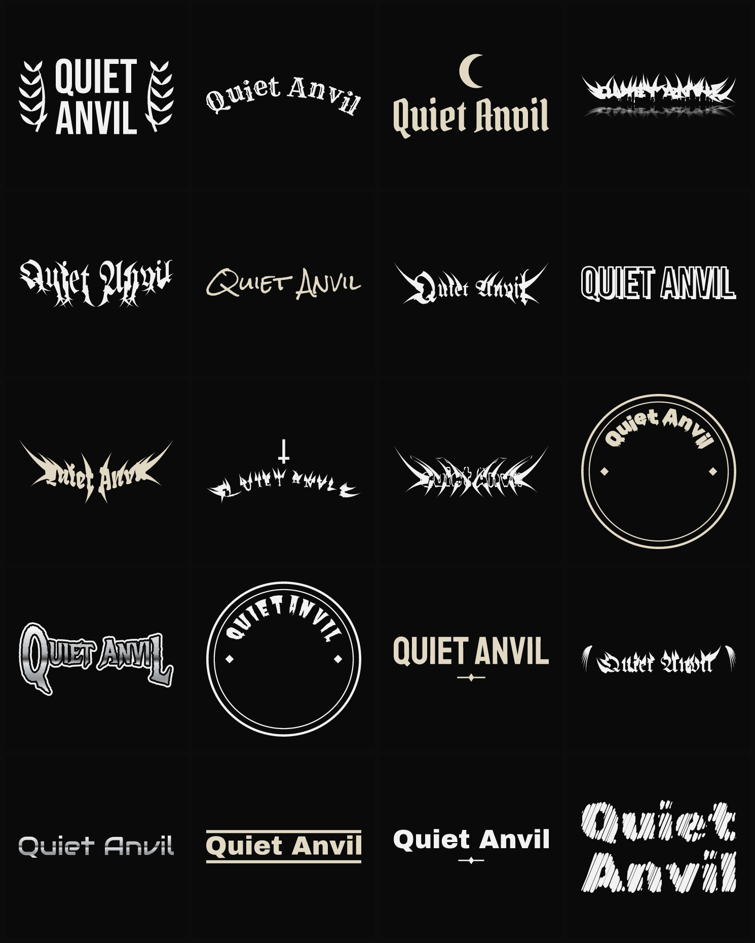 Twenty Quiet Anvil band logo ideas — different faces, treatments and spike settings