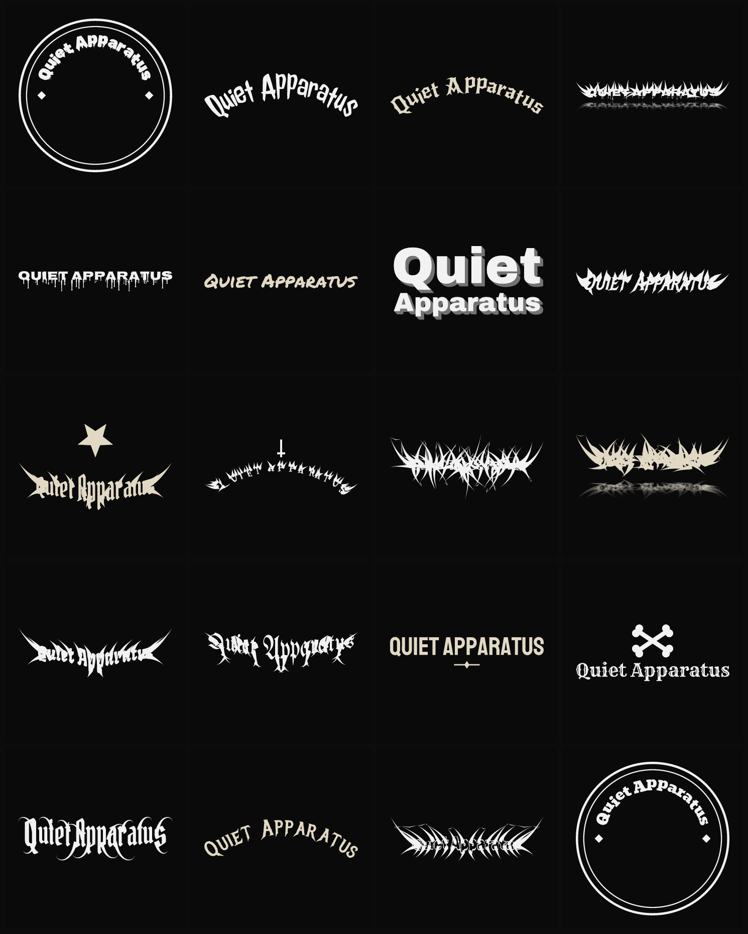 Twenty Quiet Apparatus band logo ideas — different faces, treatments and spike settings
