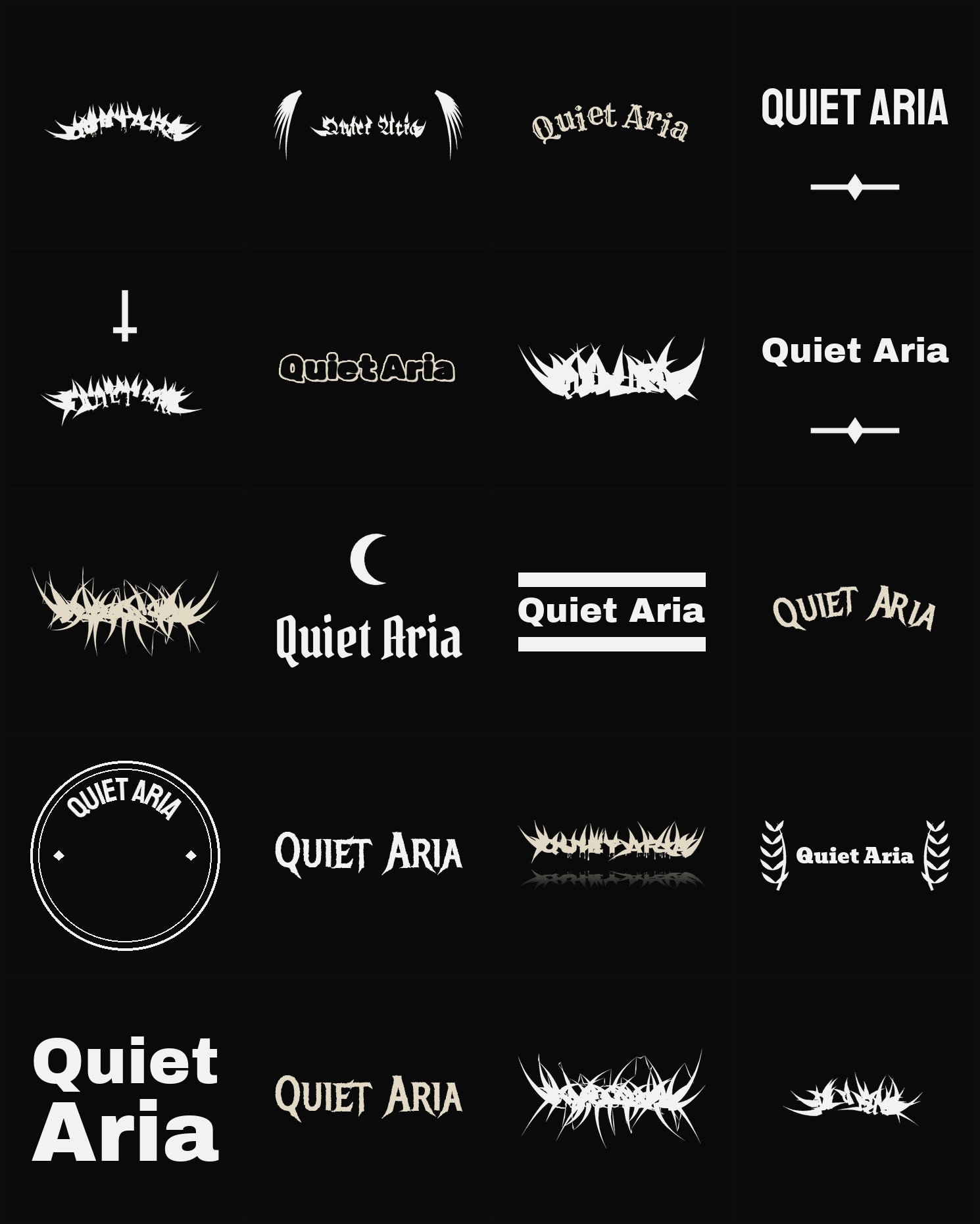 Twenty Quiet Aria band logo ideas — different faces, treatments and spike settings