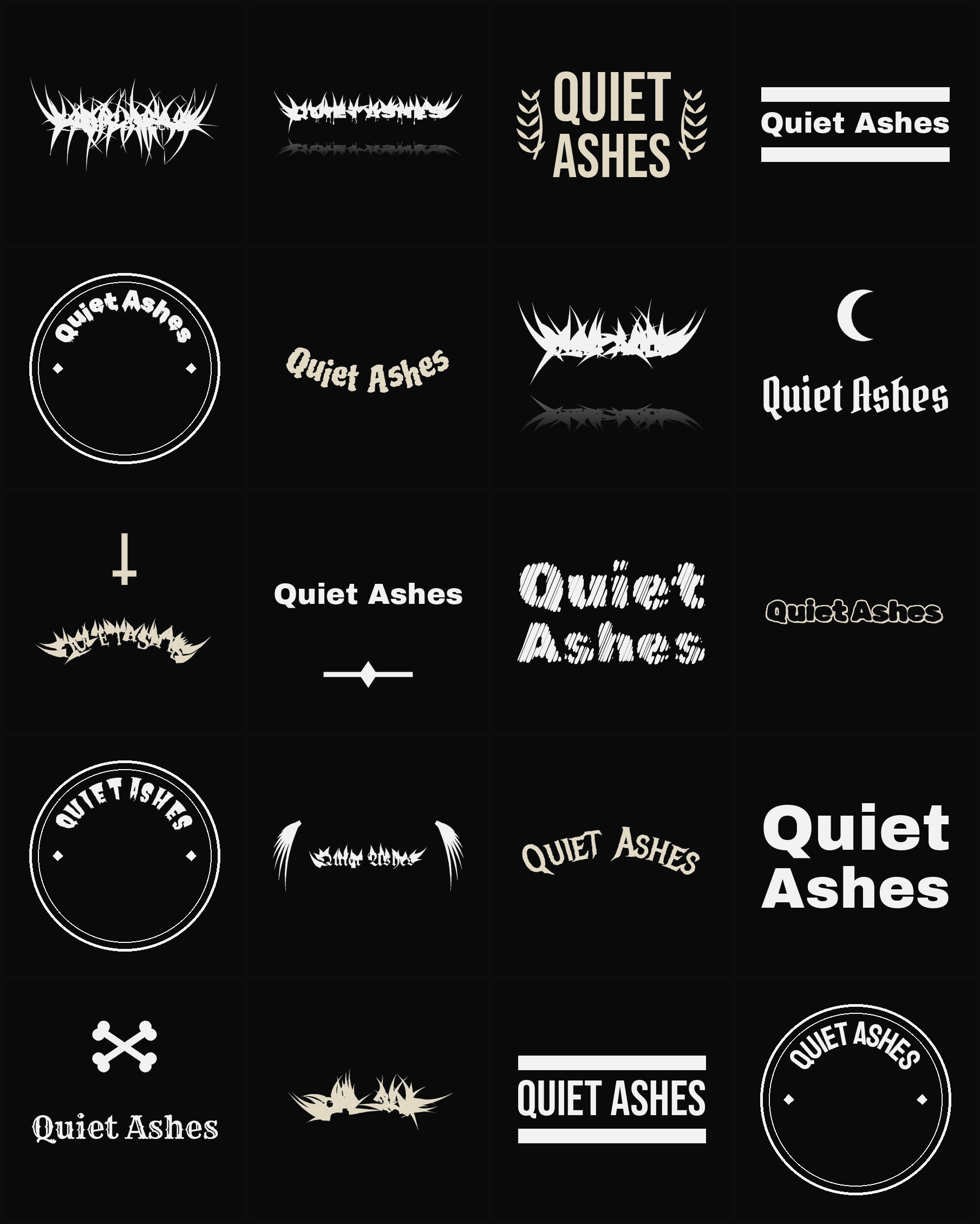 Twenty Quiet Ashes band logo ideas — different faces, treatments and spike settings
