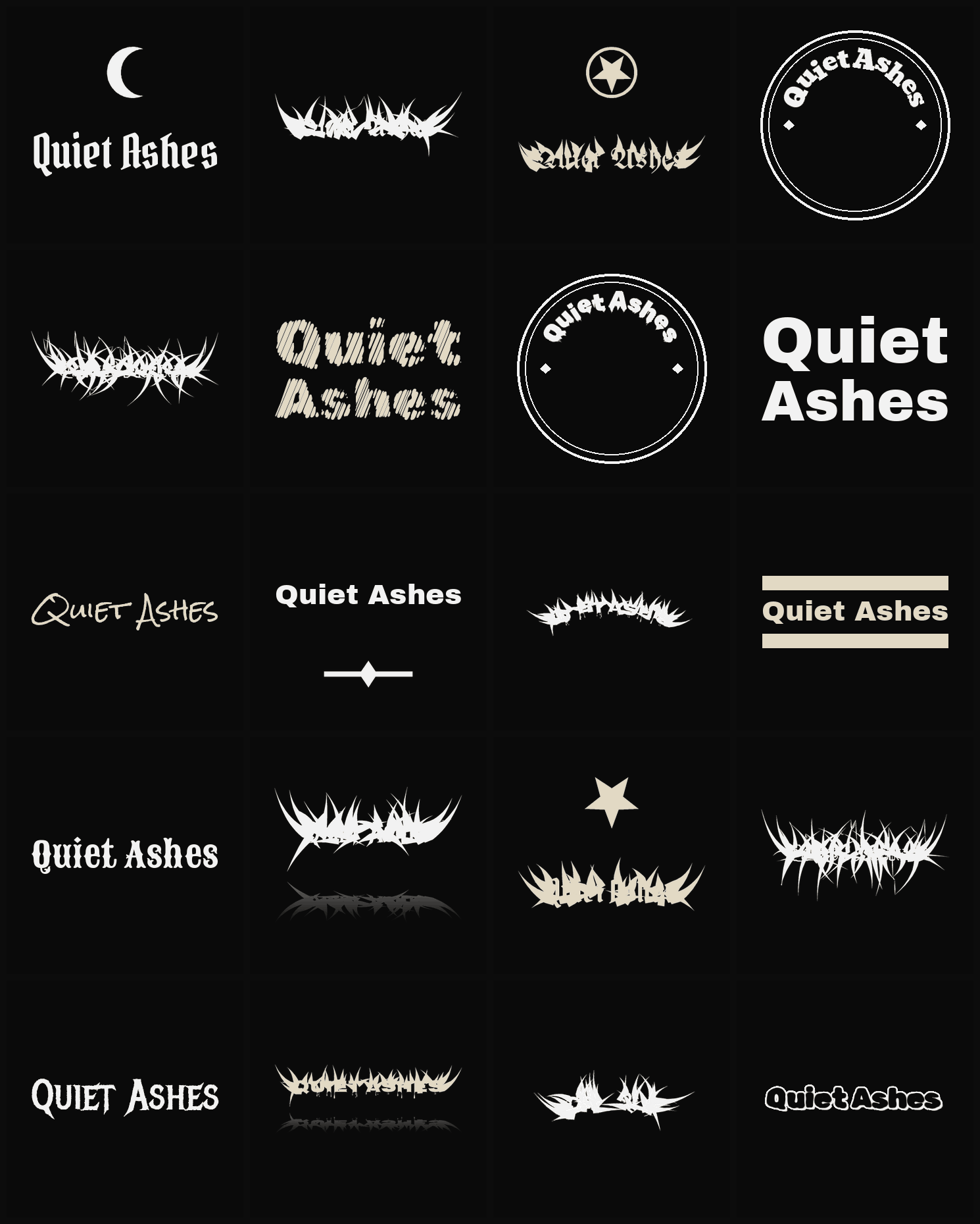 Twenty Quiet Ashes band logo ideas — different faces, treatments and spike settings