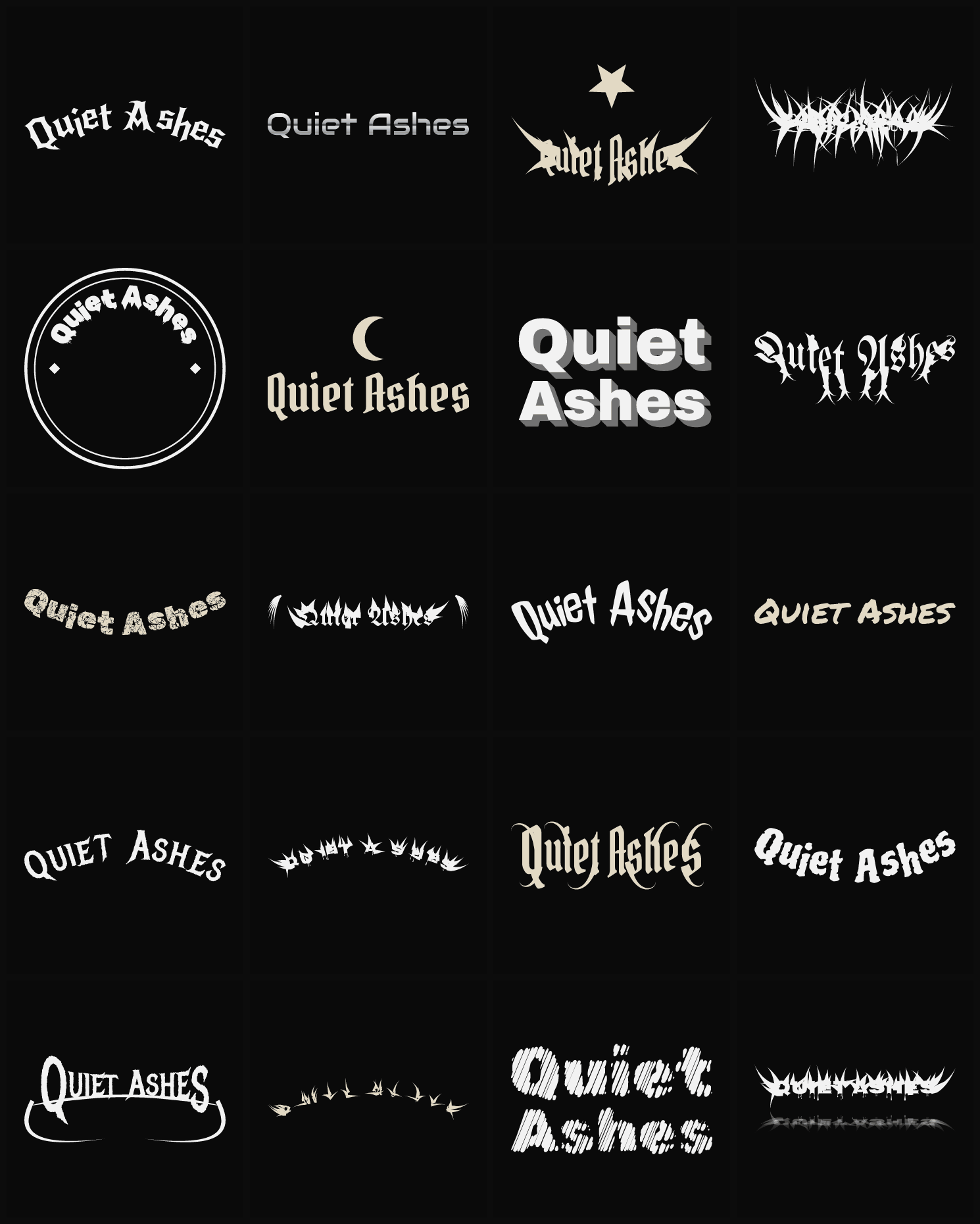 Twenty Quiet Ashes band logo ideas — different faces, treatments and spike settings