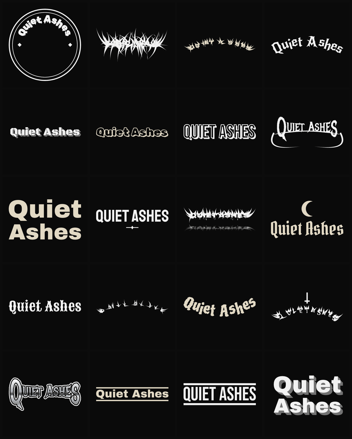 Twenty Quiet Ashes band logo ideas — different faces, treatments and spike settings