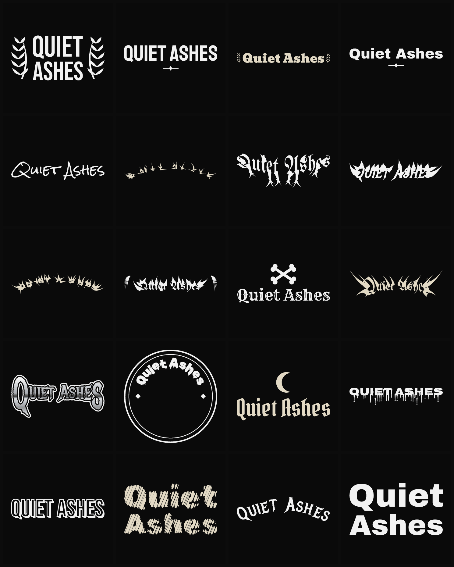 Twenty Quiet Ashes band logo ideas — different faces, treatments and spike settings