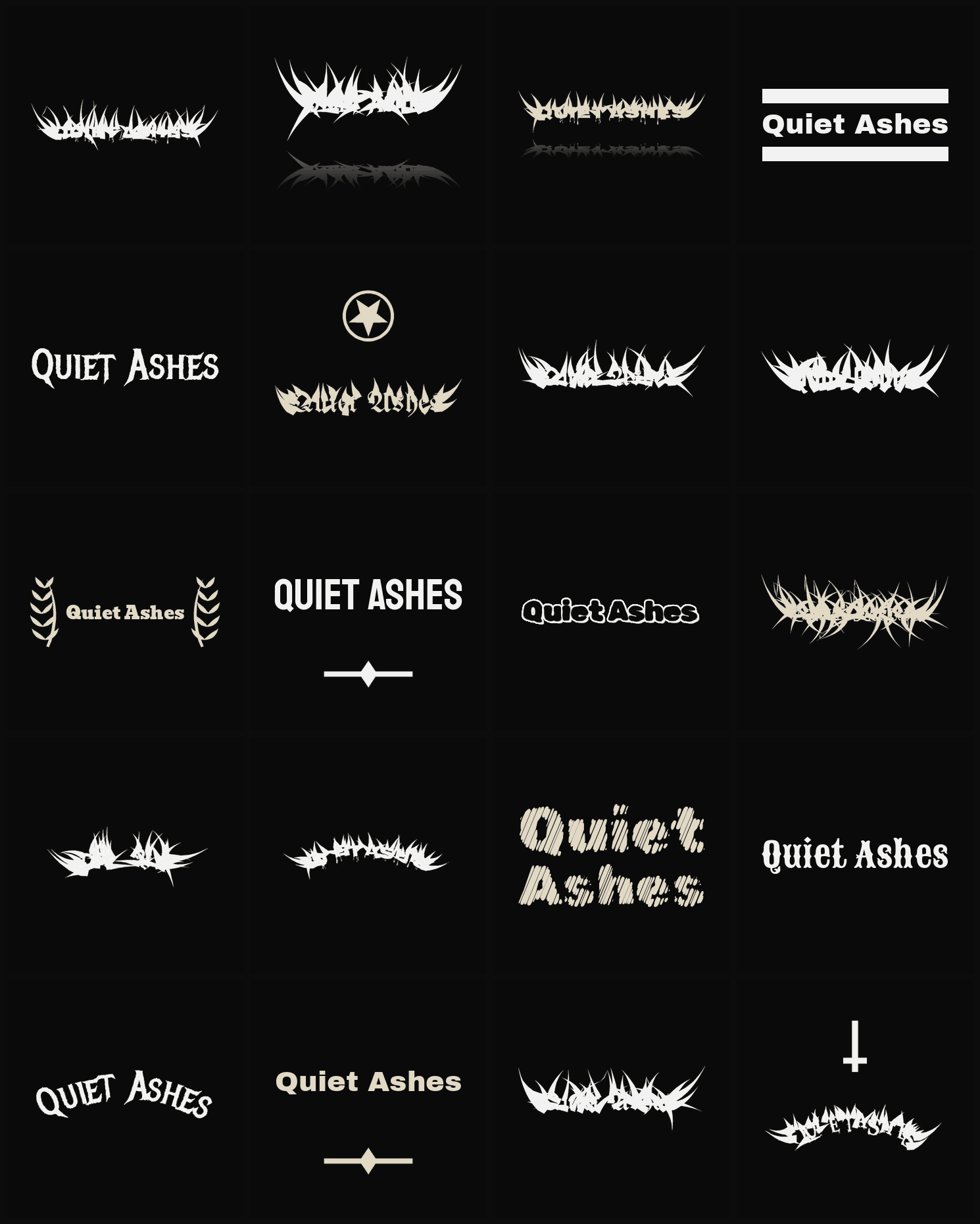 Twenty Quiet Ashes band logo ideas — different faces, treatments and spike settings