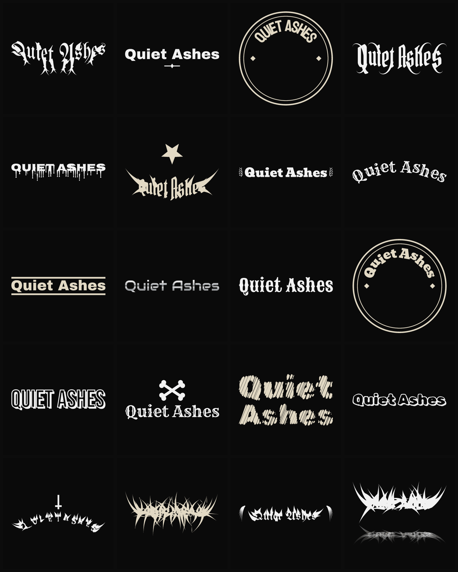 Twenty Quiet Ashes band logo ideas — different faces, treatments and spike settings