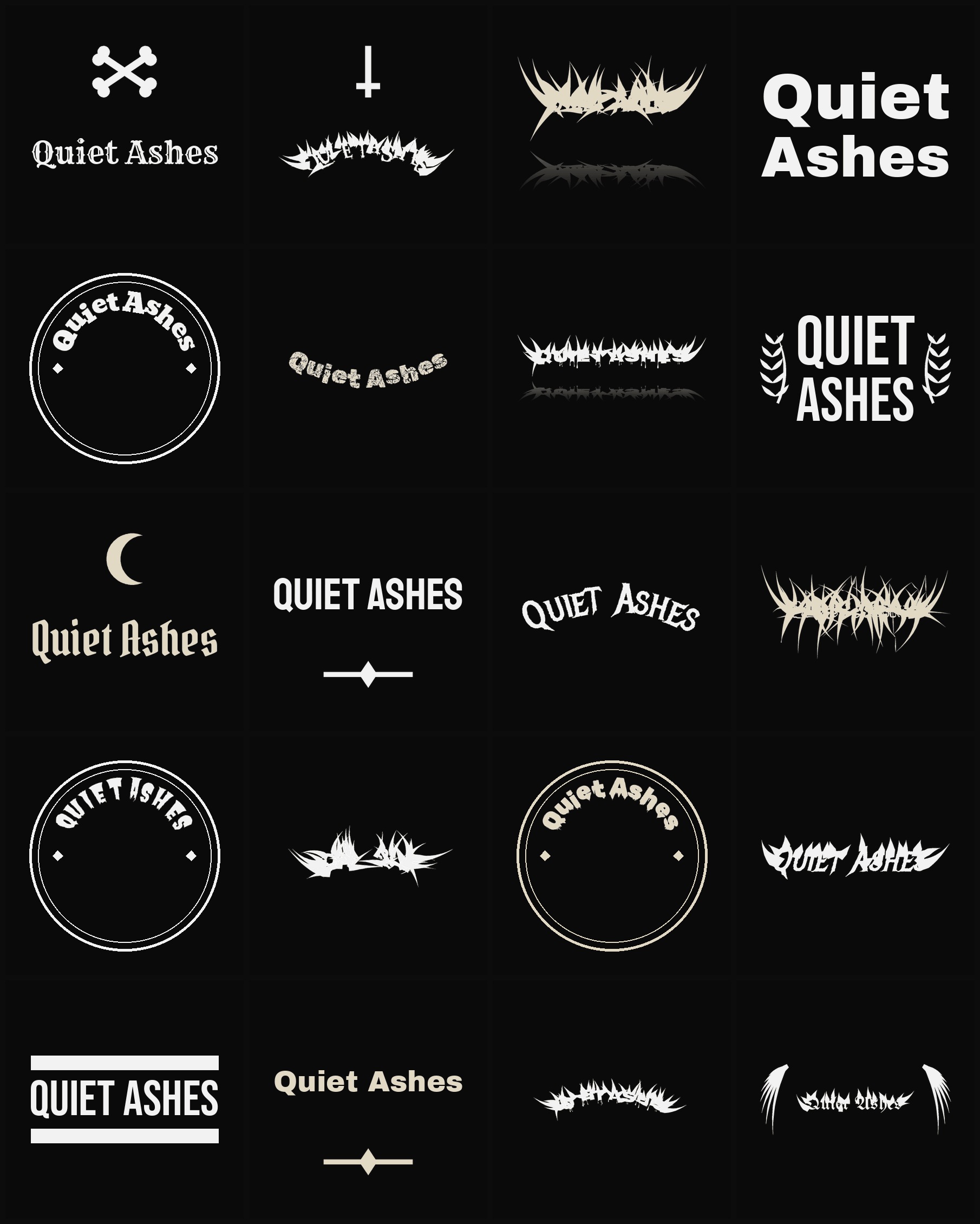 Twenty Quiet Ashes band logo ideas — different faces, treatments and spike settings