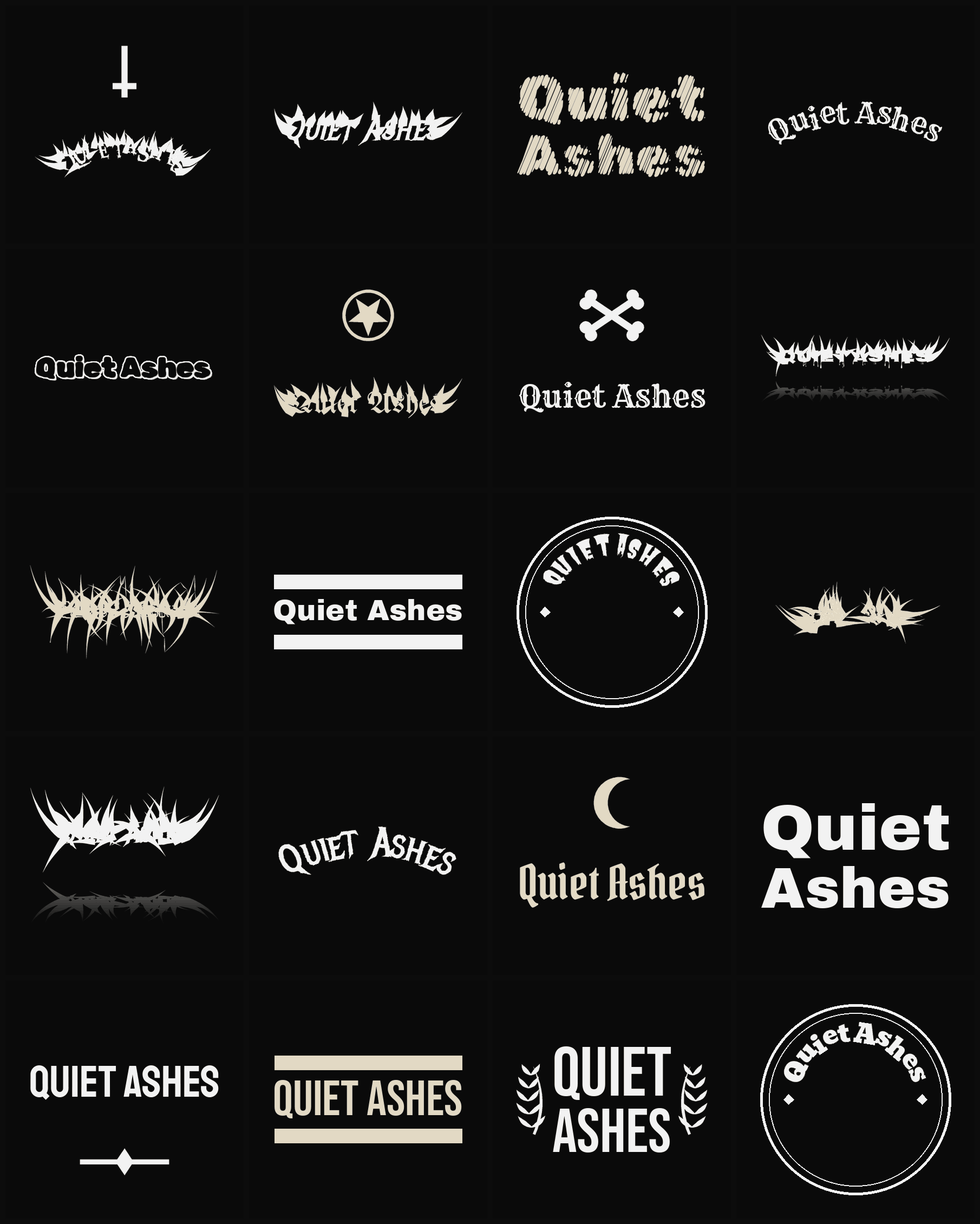 Twenty Quiet Ashes band logo ideas — different faces, treatments and spike settings